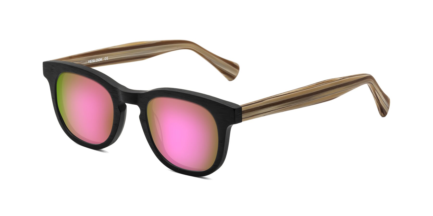 Angle of Tonia in Black-Sugar Woodgrain with Pink Mirrored Lenses