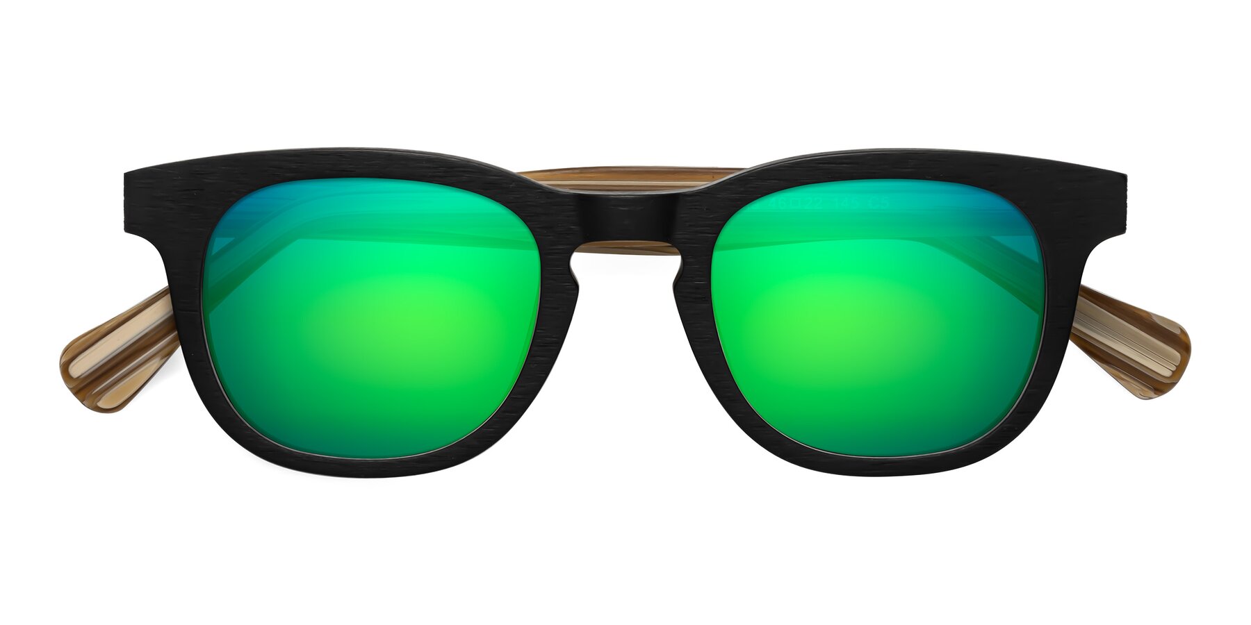 Folded Front of Tonia in Black-Sugar Woodgrain with Green Mirrored Lenses