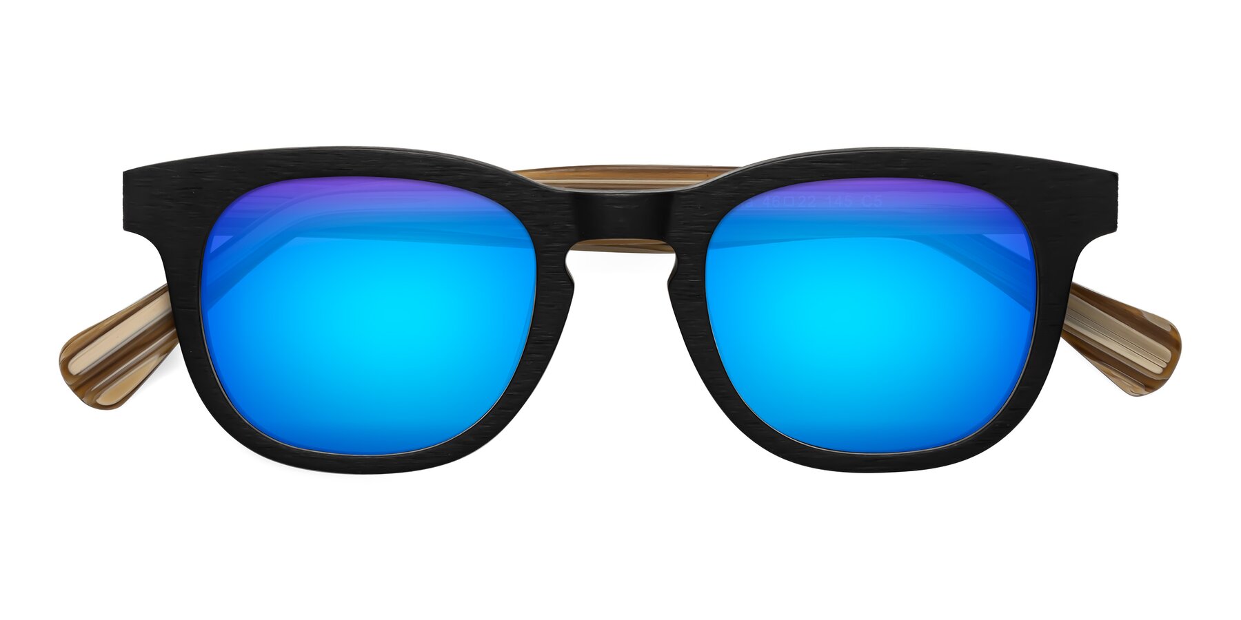 Folded Front of Tonia in Black-Sugar Woodgrain with Blue Mirrored Lenses