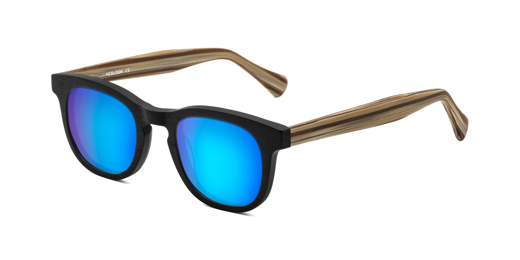 Angle of Tonia in Black-Sugar Woodgrain with Blue Mirrored Lenses