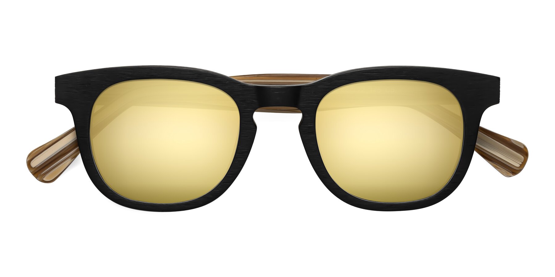 Folded Front of Tonia in Black-Sugar Woodgrain with Gold Mirrored Lenses