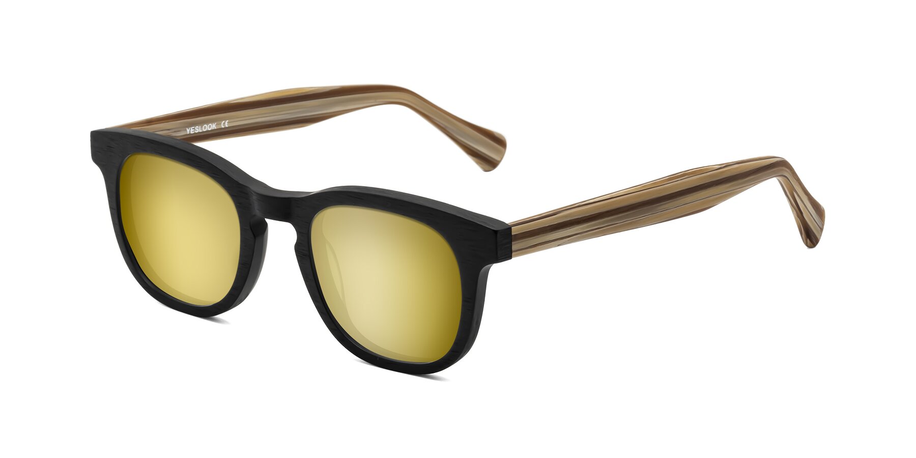 Angle of Tonia in Black-Sugar Woodgrain with Gold Mirrored Lenses