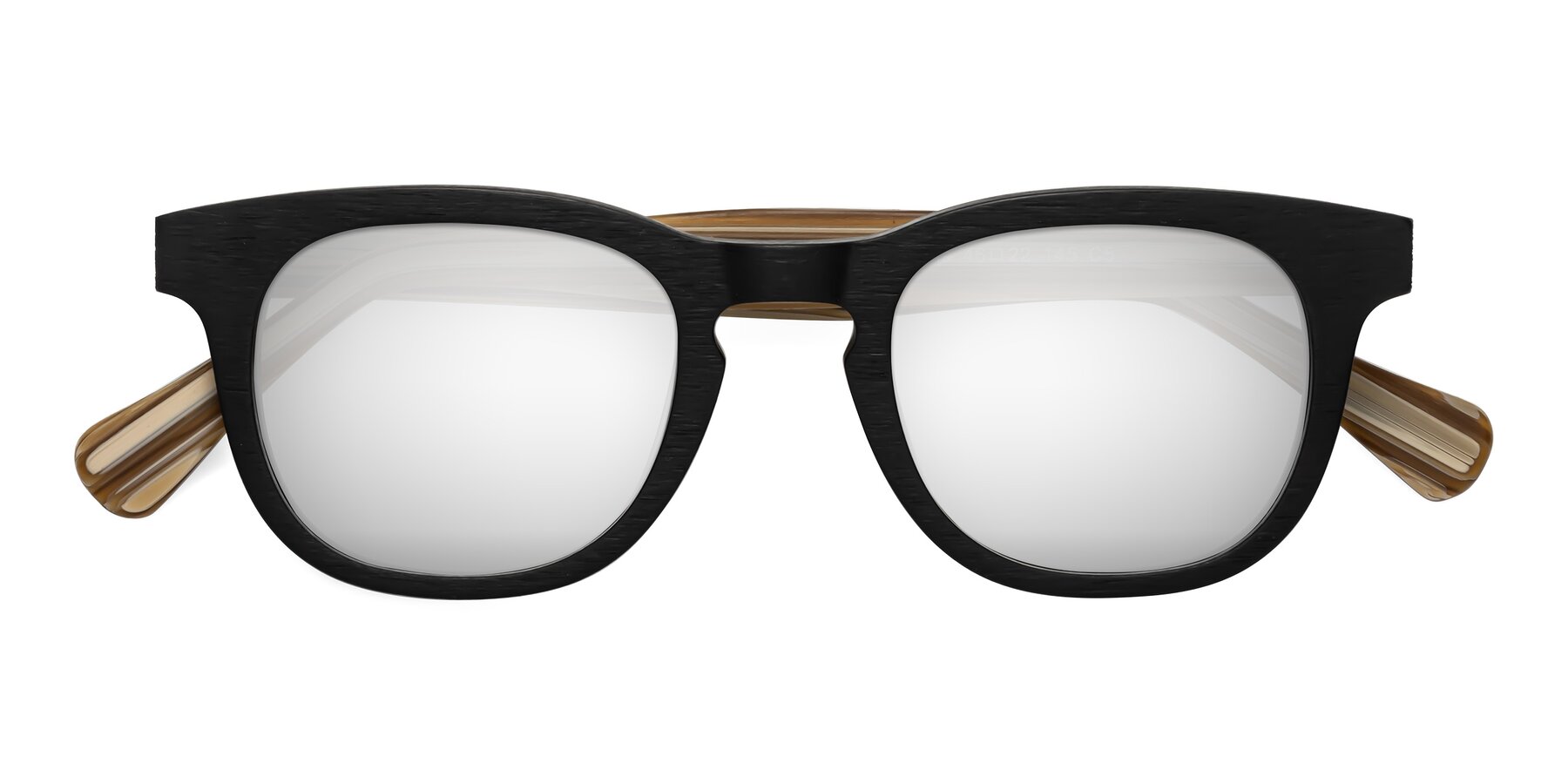 Folded Front of Tonia in Black-Sugar Woodgrain with Silver Mirrored Lenses