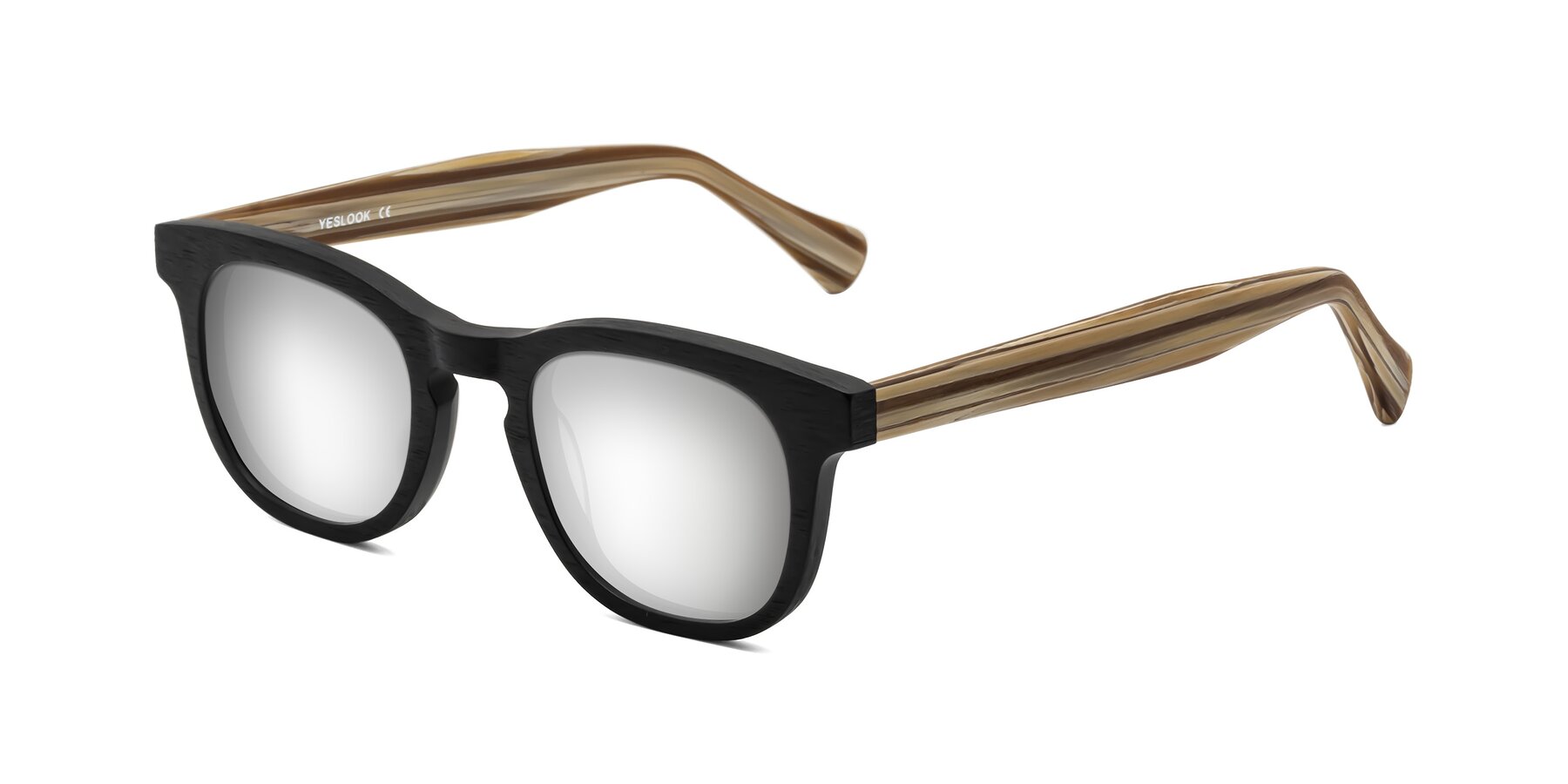 Angle of Tonia in Black-Sugar Woodgrain with Silver Mirrored Lenses