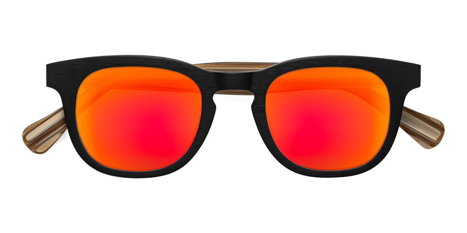 Folded Front of Tonia in Black-Sugar Woodgrain with Red Gold Mirrored Lenses