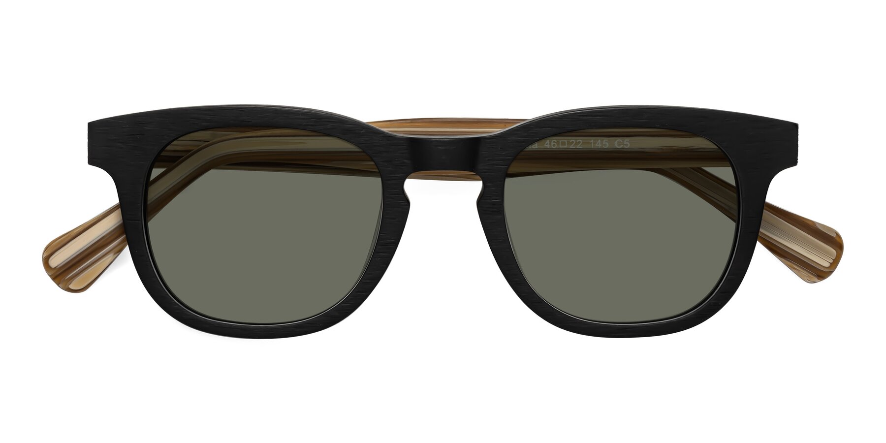 Folded Front of Tonia in Black-Sugar Woodgrain with Gray Polarized Lenses