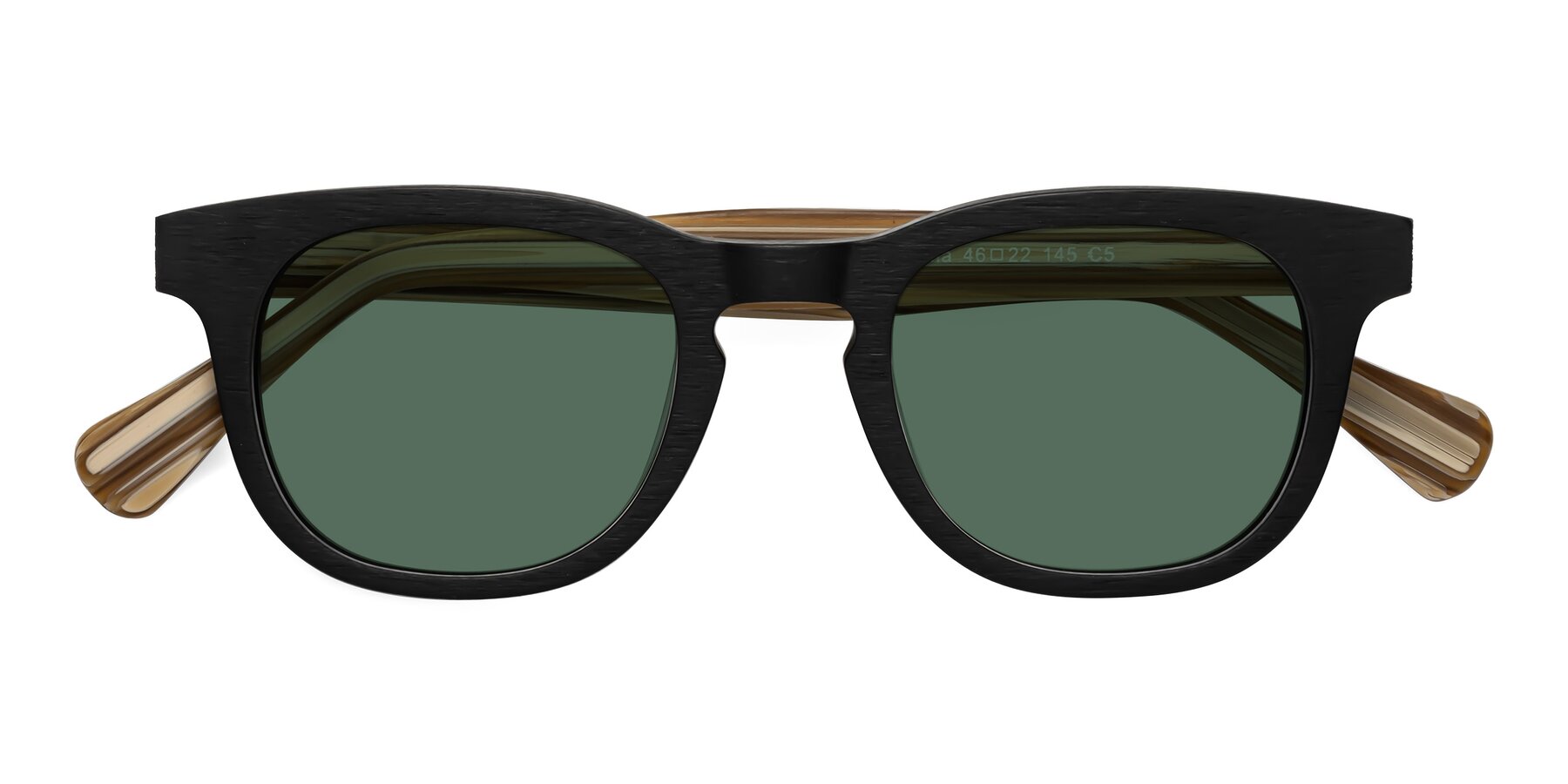 Folded Front of Tonia in Black-Sugar Woodgrain with Green Polarized Lenses