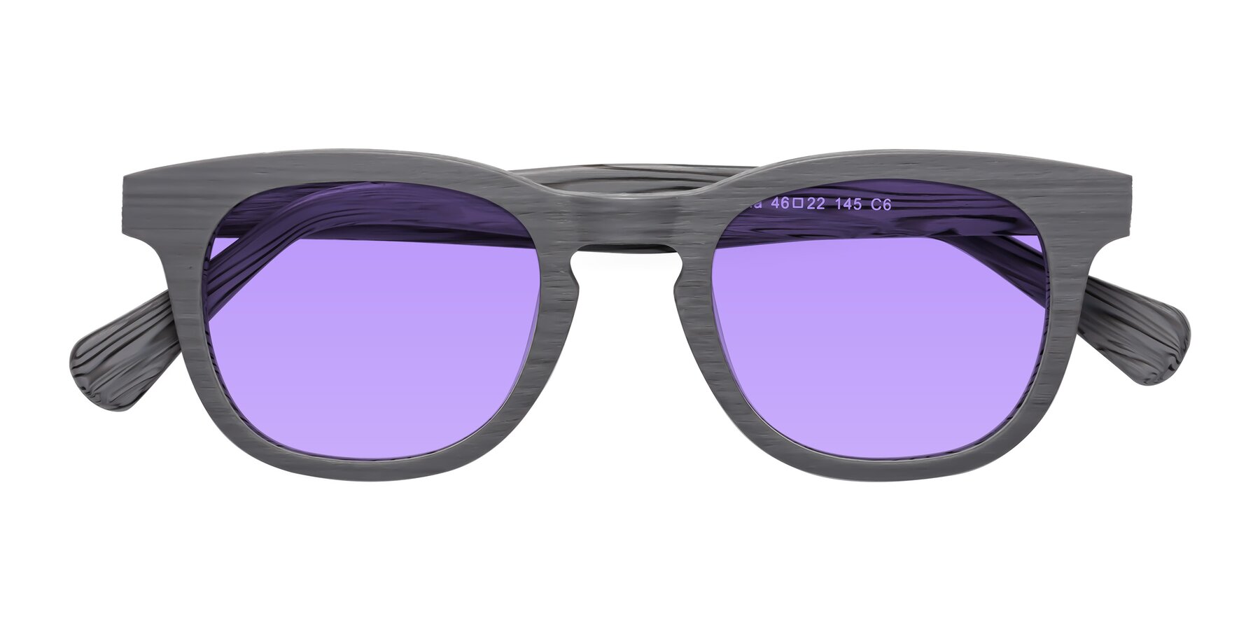 Folded Front of Tonia in Cement Woodgrain with Medium Purple Tinted Lenses