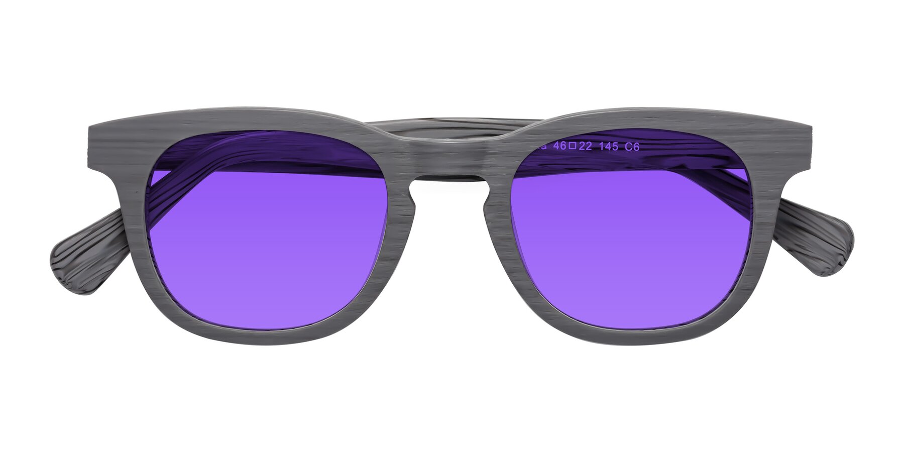 Folded Front of Tonia in Cement Woodgrain with Purple Tinted Lenses