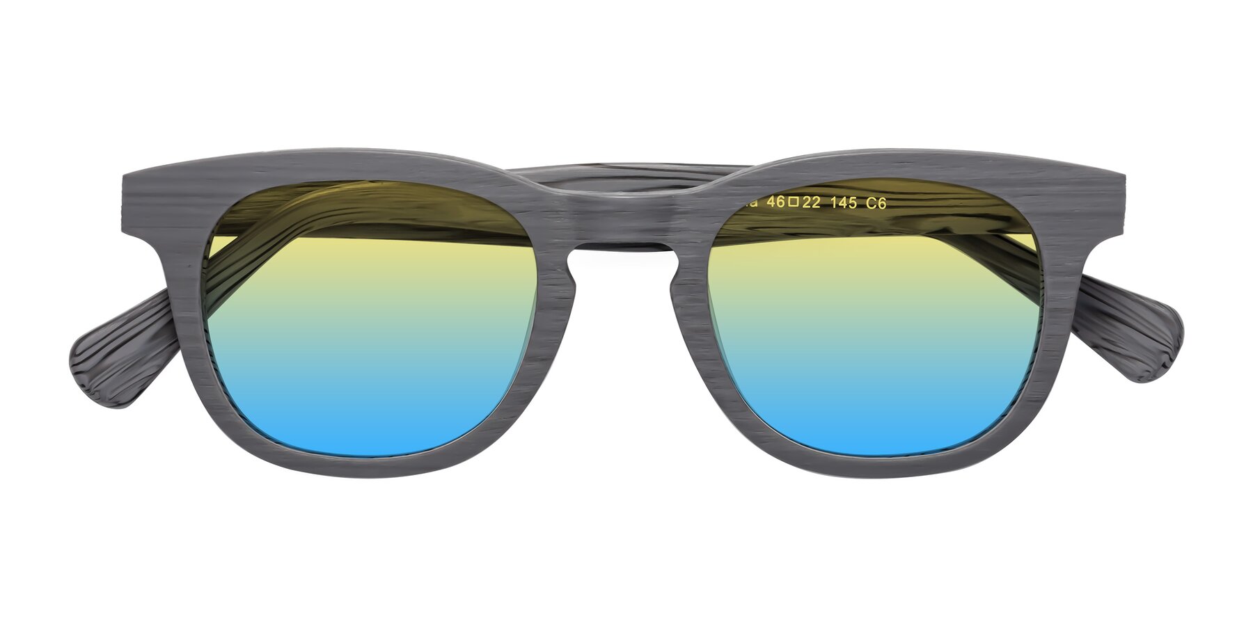 Folded Front of Tonia in Cement Woodgrain with Yellow / Blue Gradient Lenses