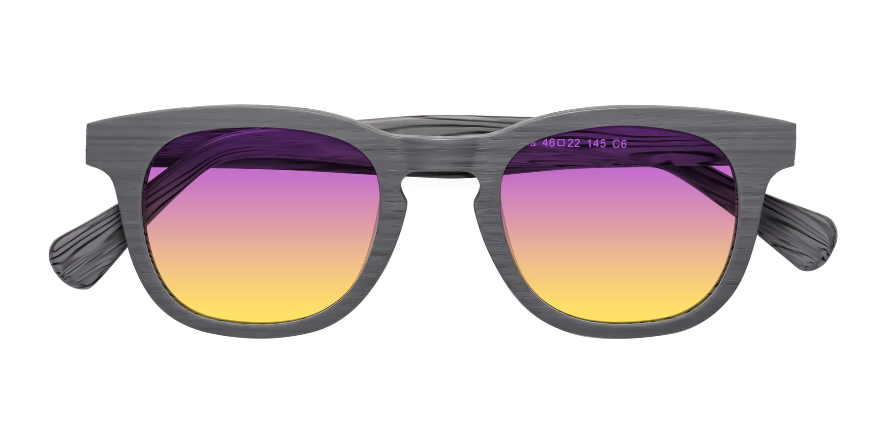 Folded Front of Tonia in Cement Woodgrain with Purple / Yellow Gradient Lenses