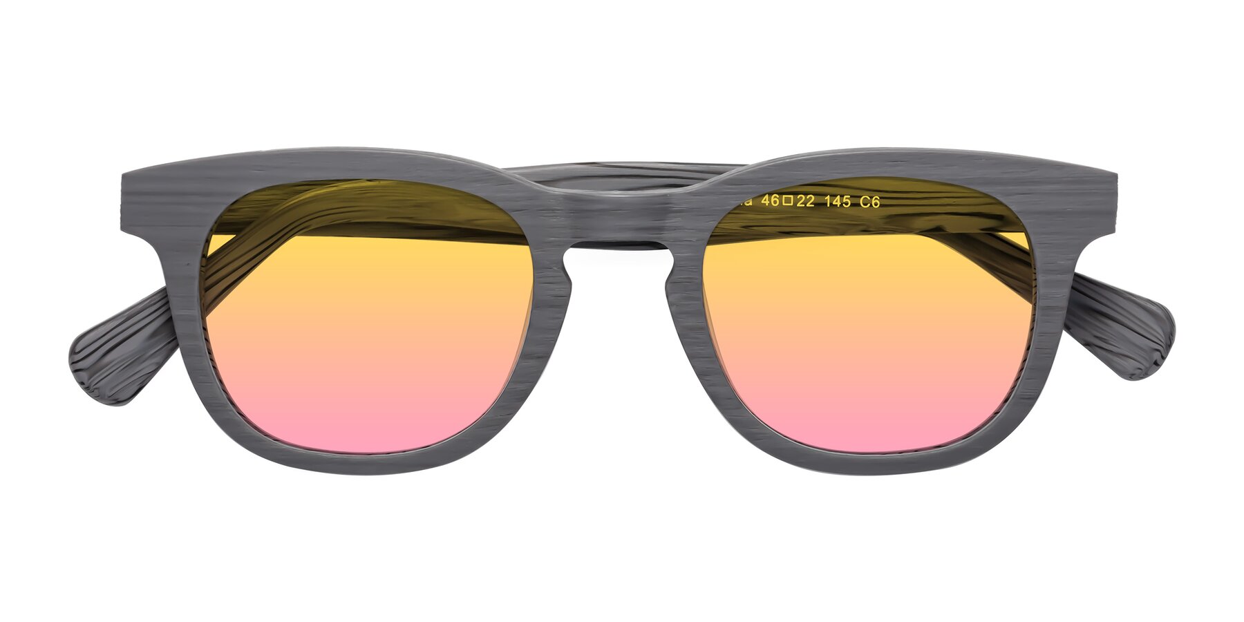 Folded Front of Tonia in Cement Woodgrain with Yellow / Pink Gradient Lenses