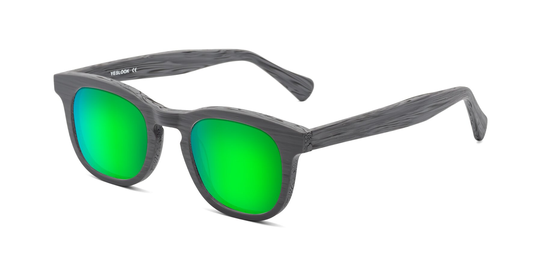 Angle of Tonia in Cement Woodgrain with Green Mirrored Lenses