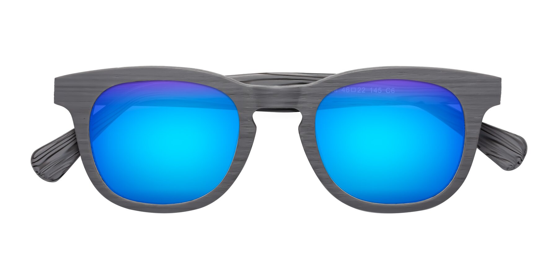 Folded Front of Tonia in Cement Woodgrain with Blue Mirrored Lenses