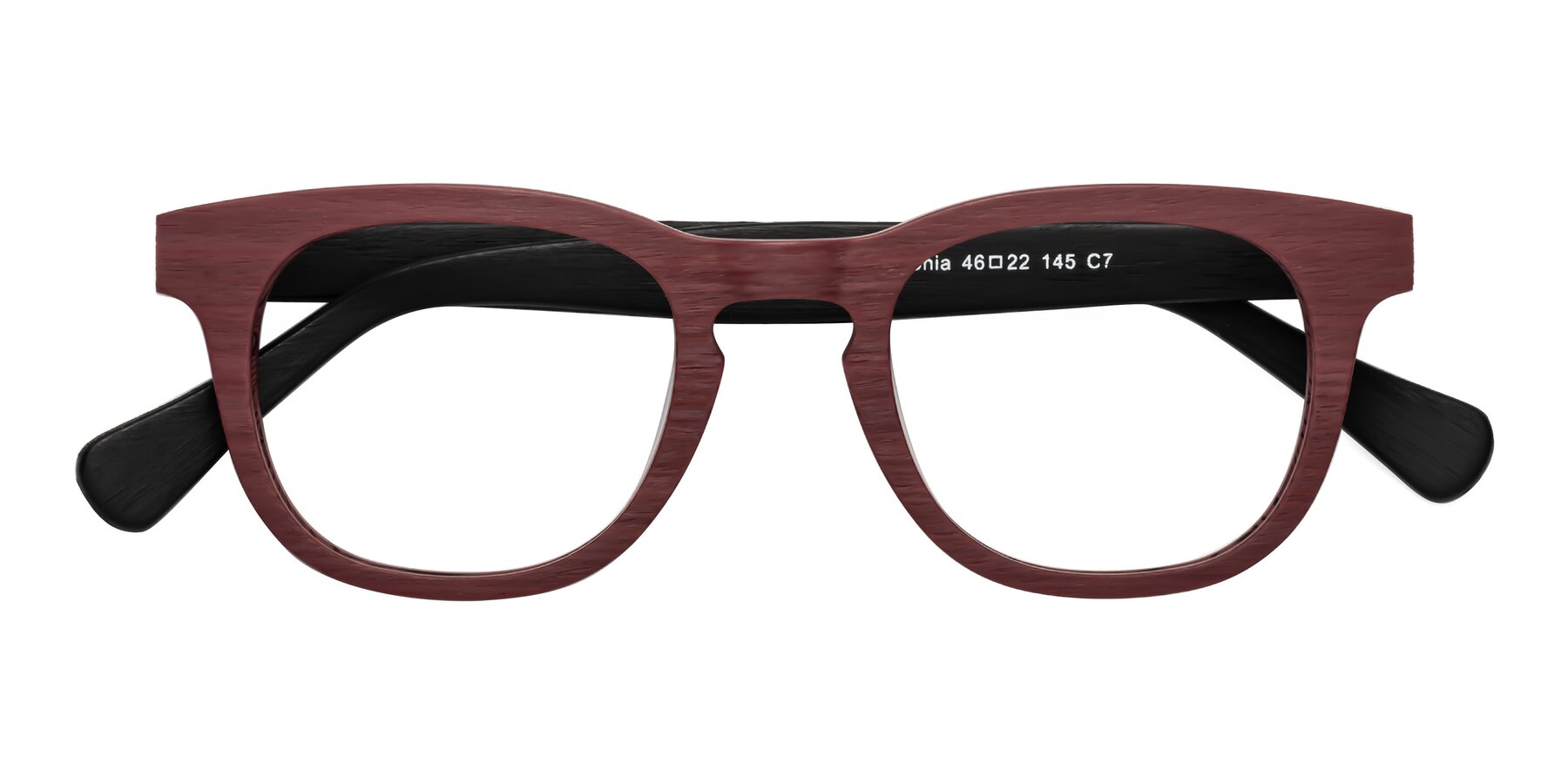 Folded Front of Tonia in Burgundy-Black Woodgrain with Clear Reading Eyeglass Lenses