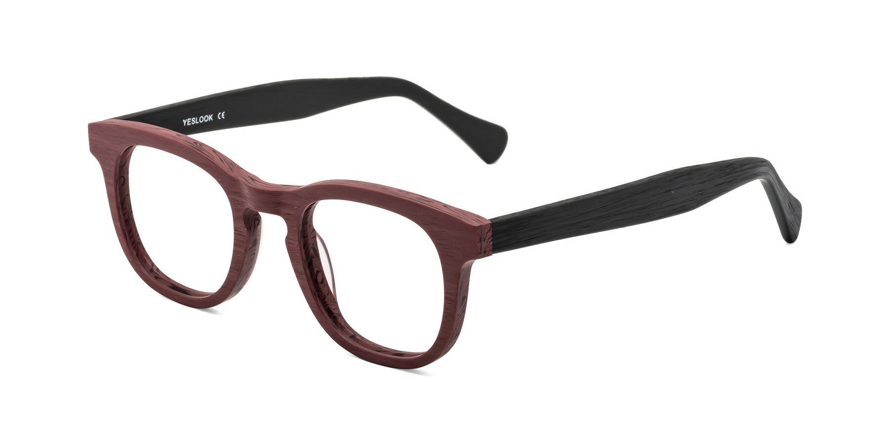 Angle of Tonia in Burgundy-Black Woodgrain with Clear Reading Eyeglass Lenses