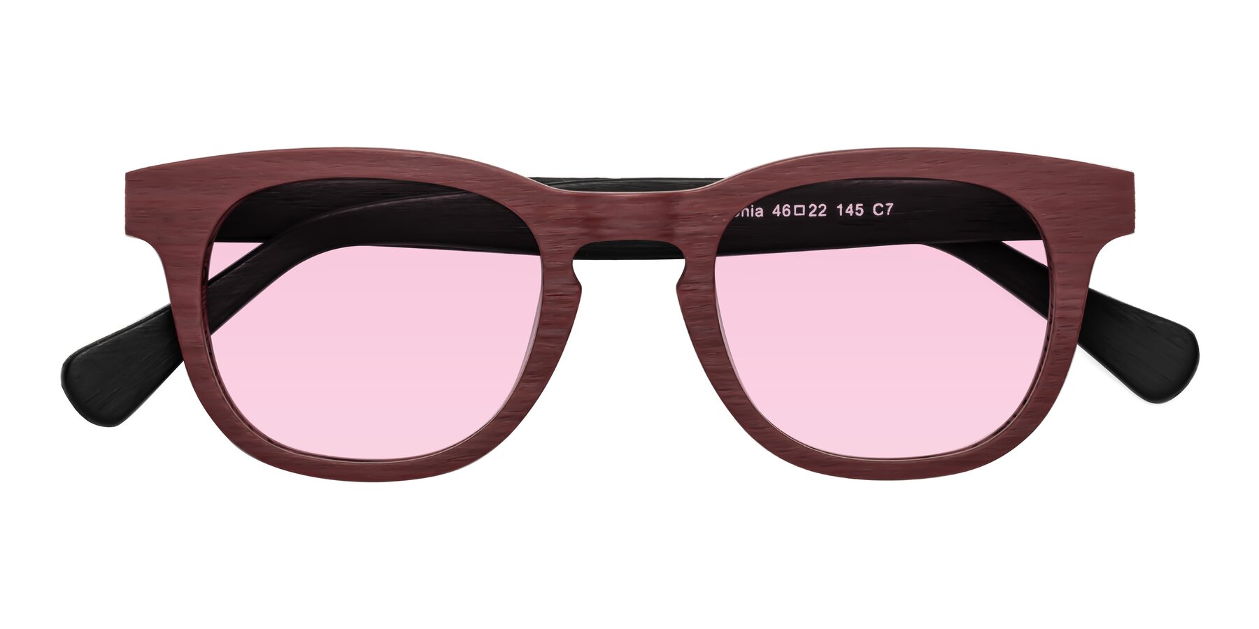 Folded Front of Tonia in Burgundy-Black Woodgrain with Light Pink Tinted Lenses