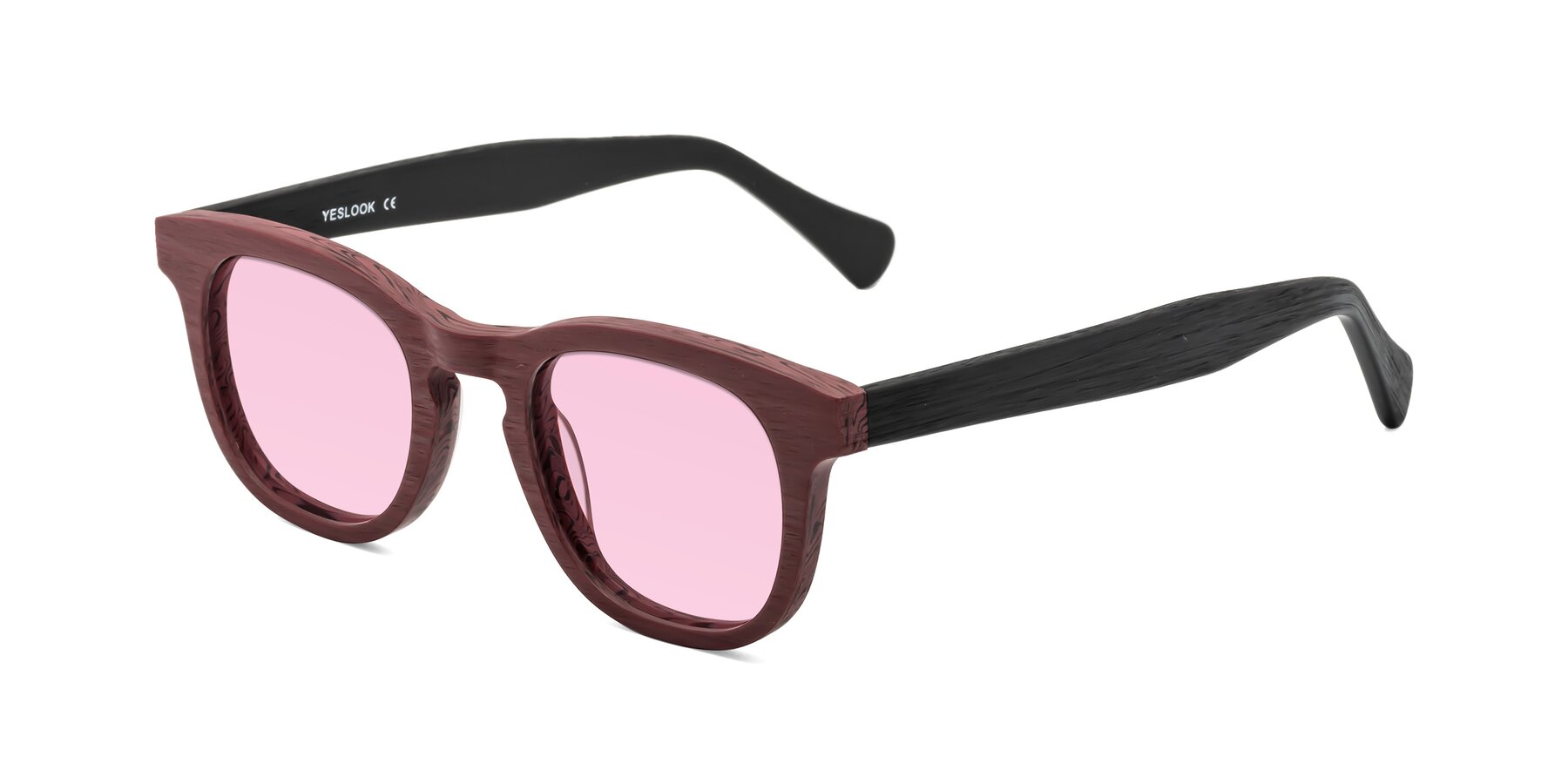 Angle of Tonia in Burgundy-Black Woodgrain with Light Pink Tinted Lenses