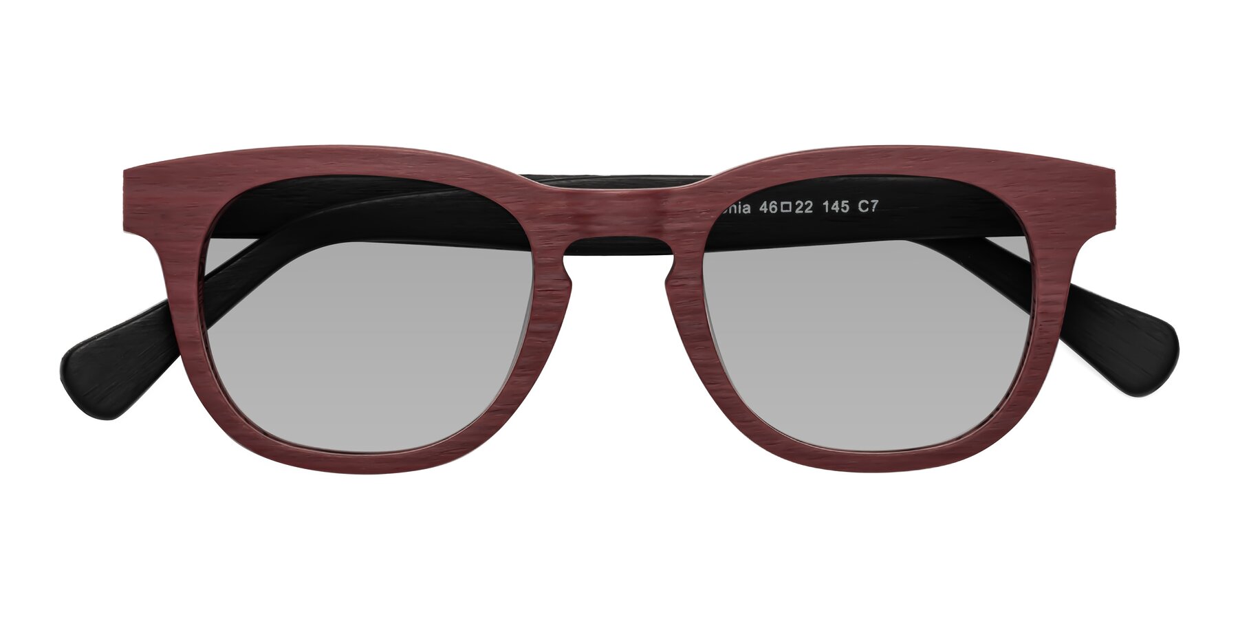 Folded Front of Tonia in Burgundy-Black Woodgrain with Light Gray Tinted Lenses