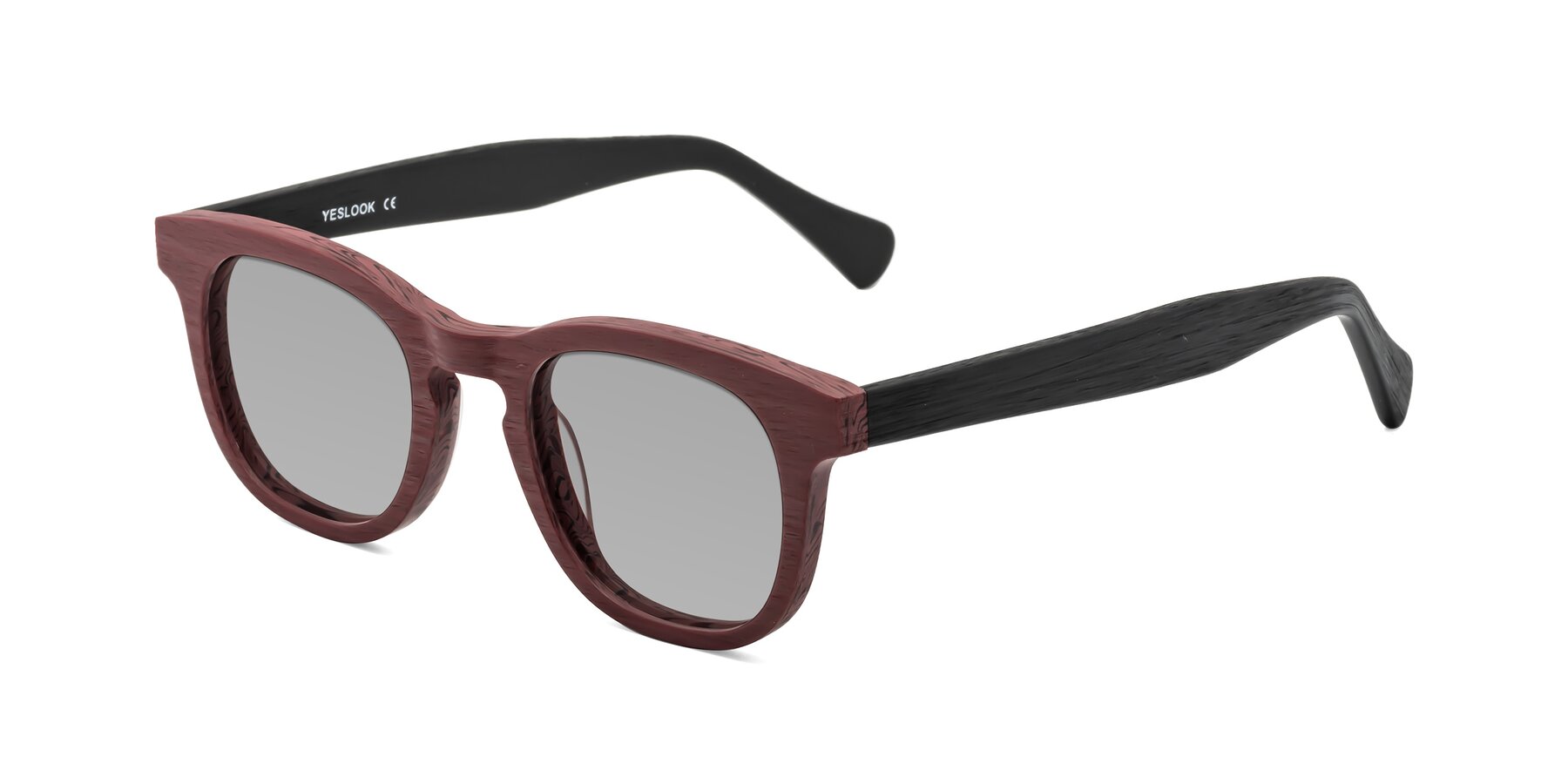 Angle of Tonia in Burgundy-Black Woodgrain with Light Gray Tinted Lenses