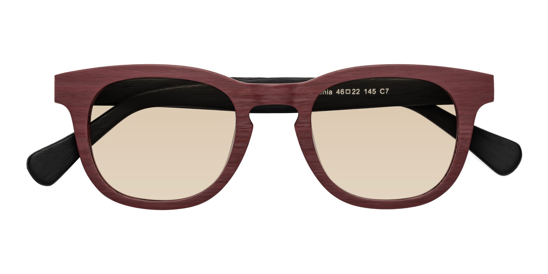 Folded Front of Tonia in Burgundy-Black Woodgrain with Light Brown Tinted Lenses