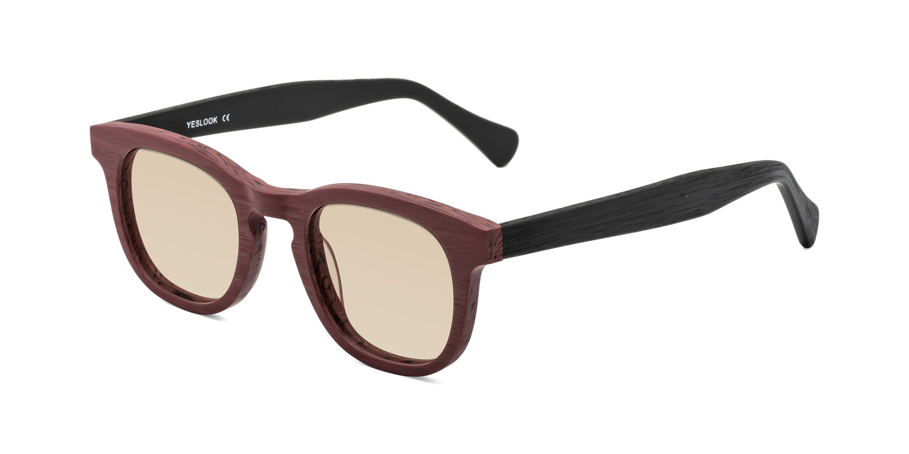 Angle of Tonia in Burgundy-Black Woodgrain with Light Brown Tinted Lenses