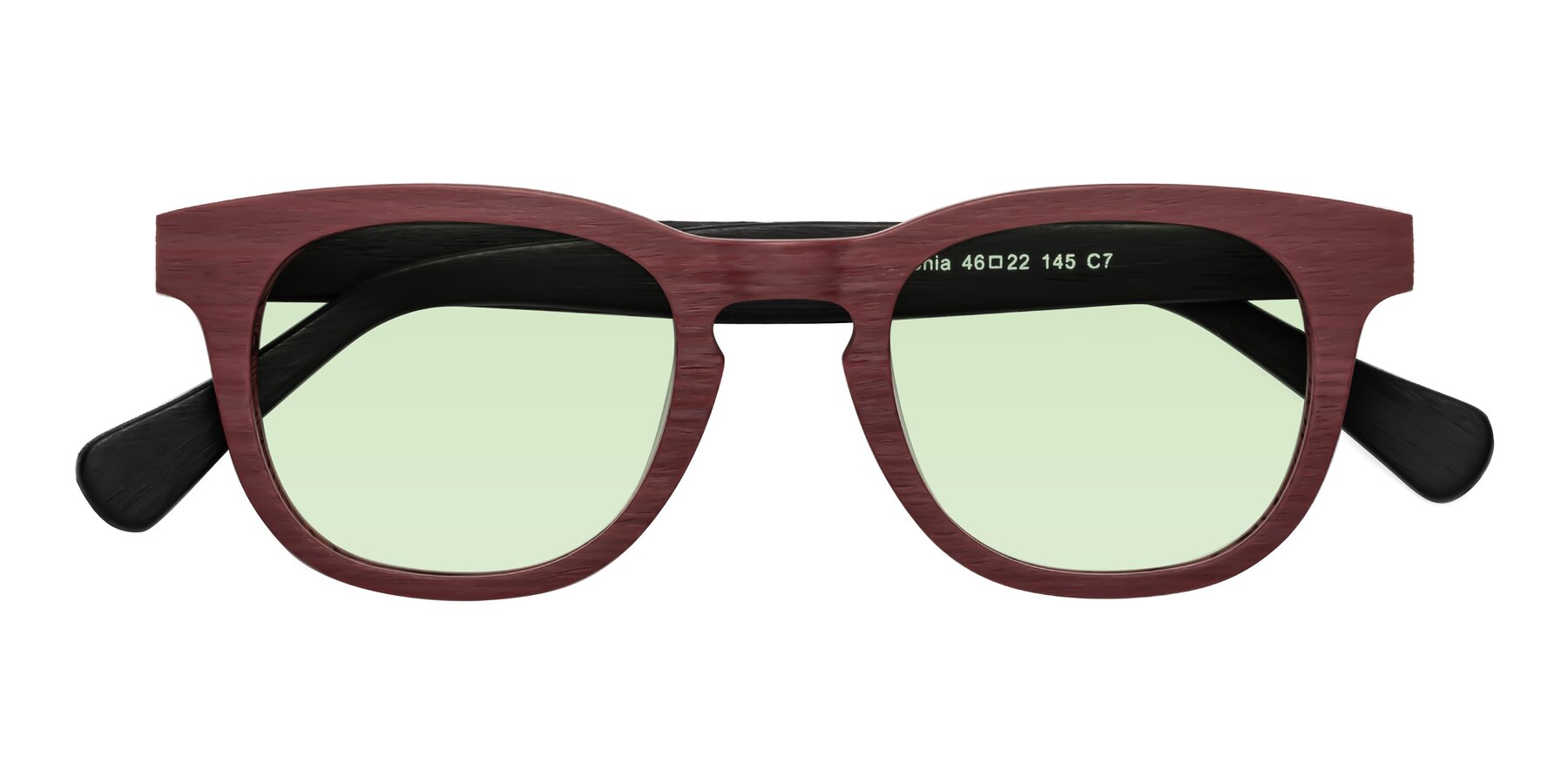 Folded Front of Tonia in Burgundy-Black Woodgrain with Light Green Tinted Lenses