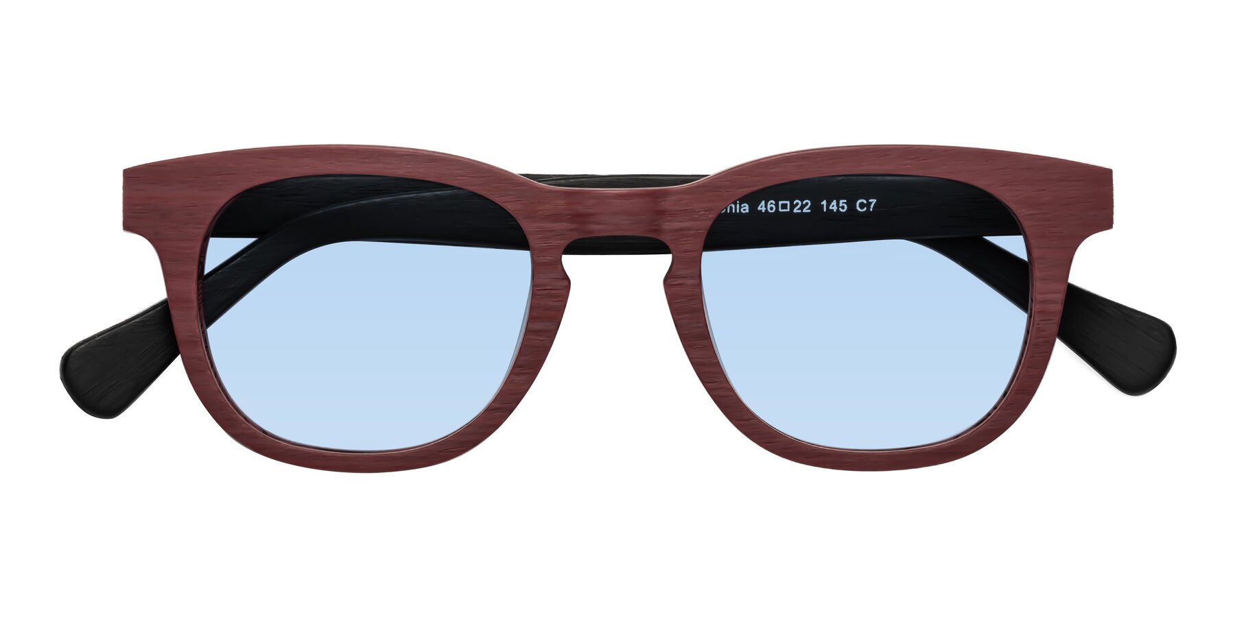 Folded Front of Tonia in Burgundy-Black Woodgrain with Light Blue Tinted Lenses