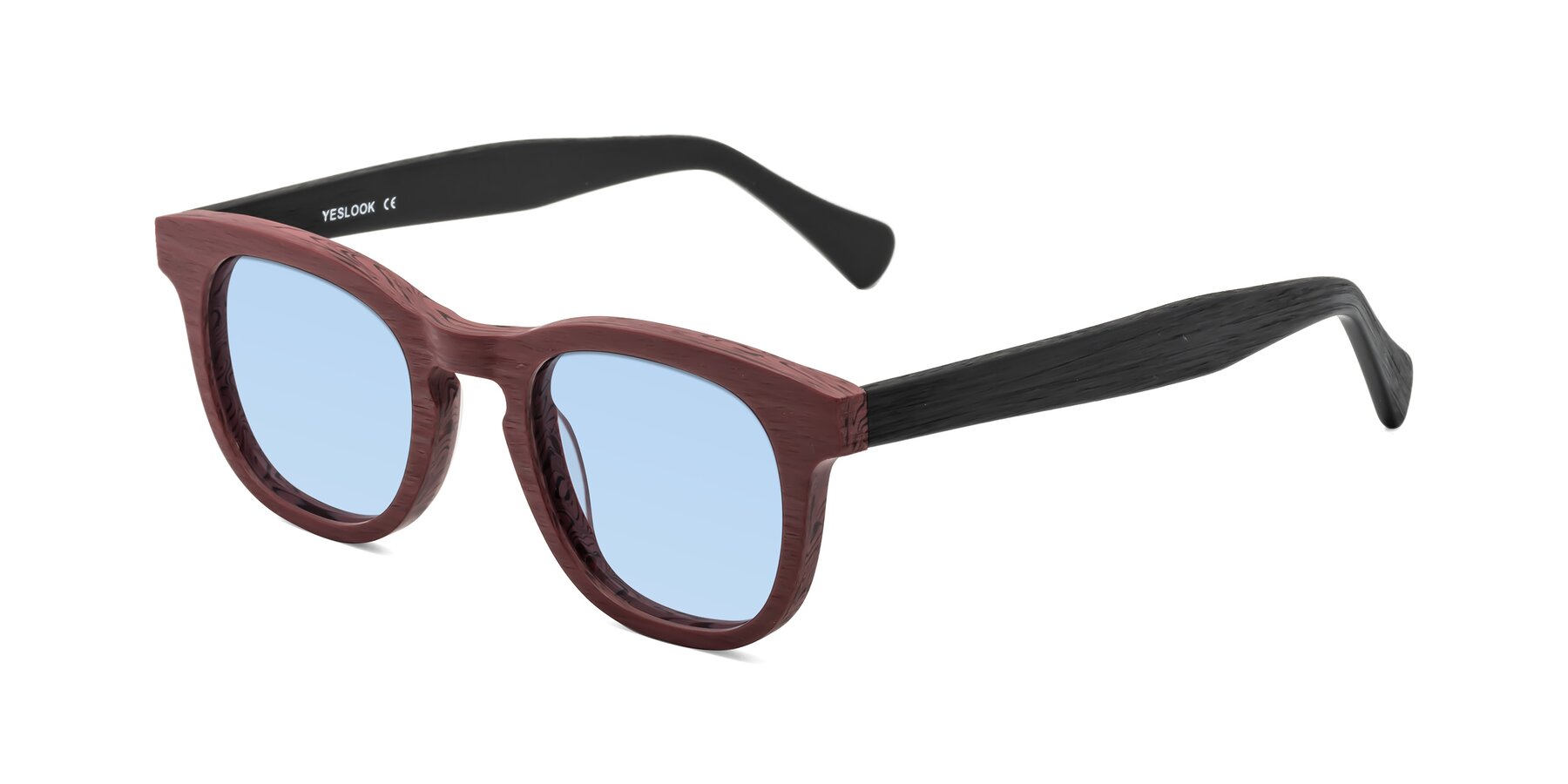 Angle of Tonia in Burgundy-Black Woodgrain with Light Blue Tinted Lenses