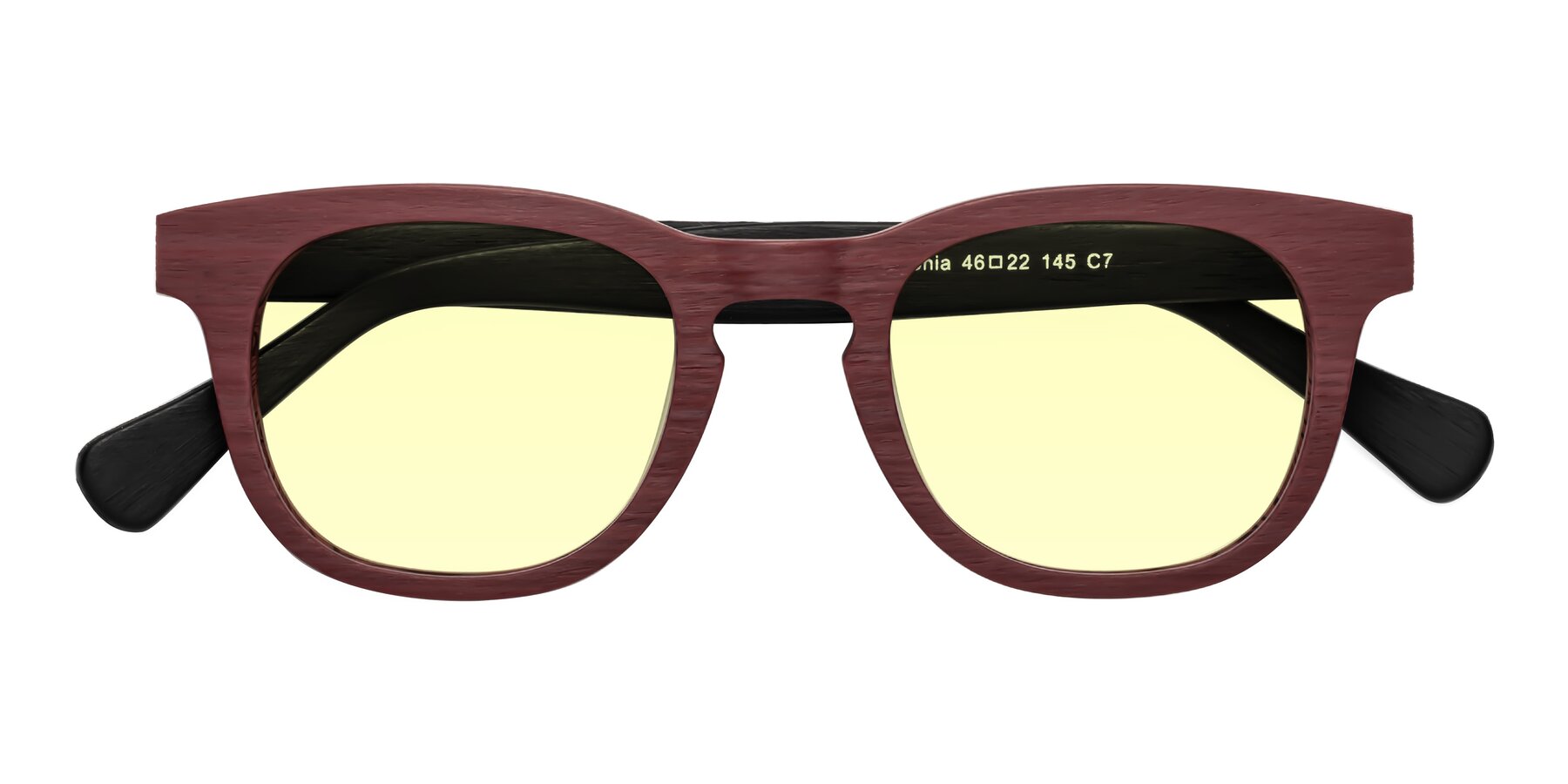 Folded Front of Tonia in Burgundy-Black Woodgrain with Light Yellow Tinted Lenses