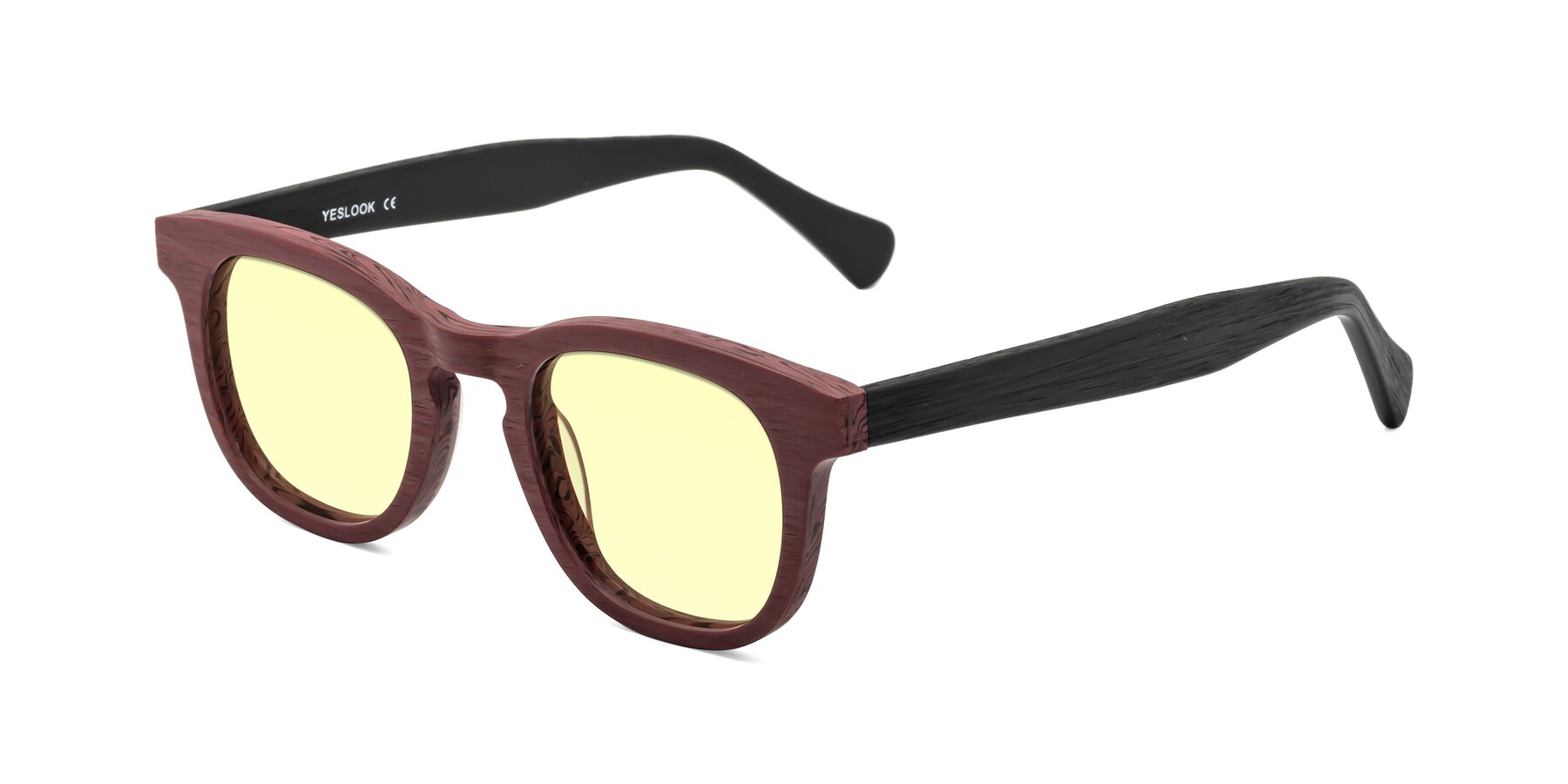 Angle of Tonia in Burgundy-Black Woodgrain with Light Yellow Tinted Lenses