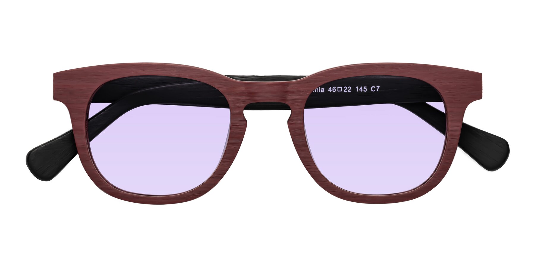 Folded Front of Tonia in Burgundy-Black Woodgrain with Light Purple Tinted Lenses