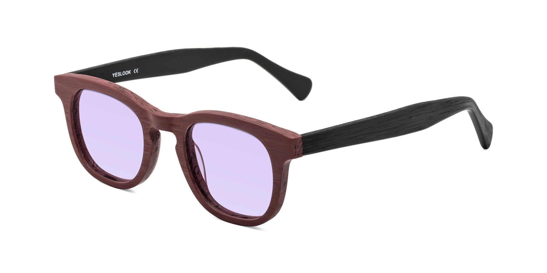 Angle of Tonia in Burgundy-Black Woodgrain with Light Purple Tinted Lenses