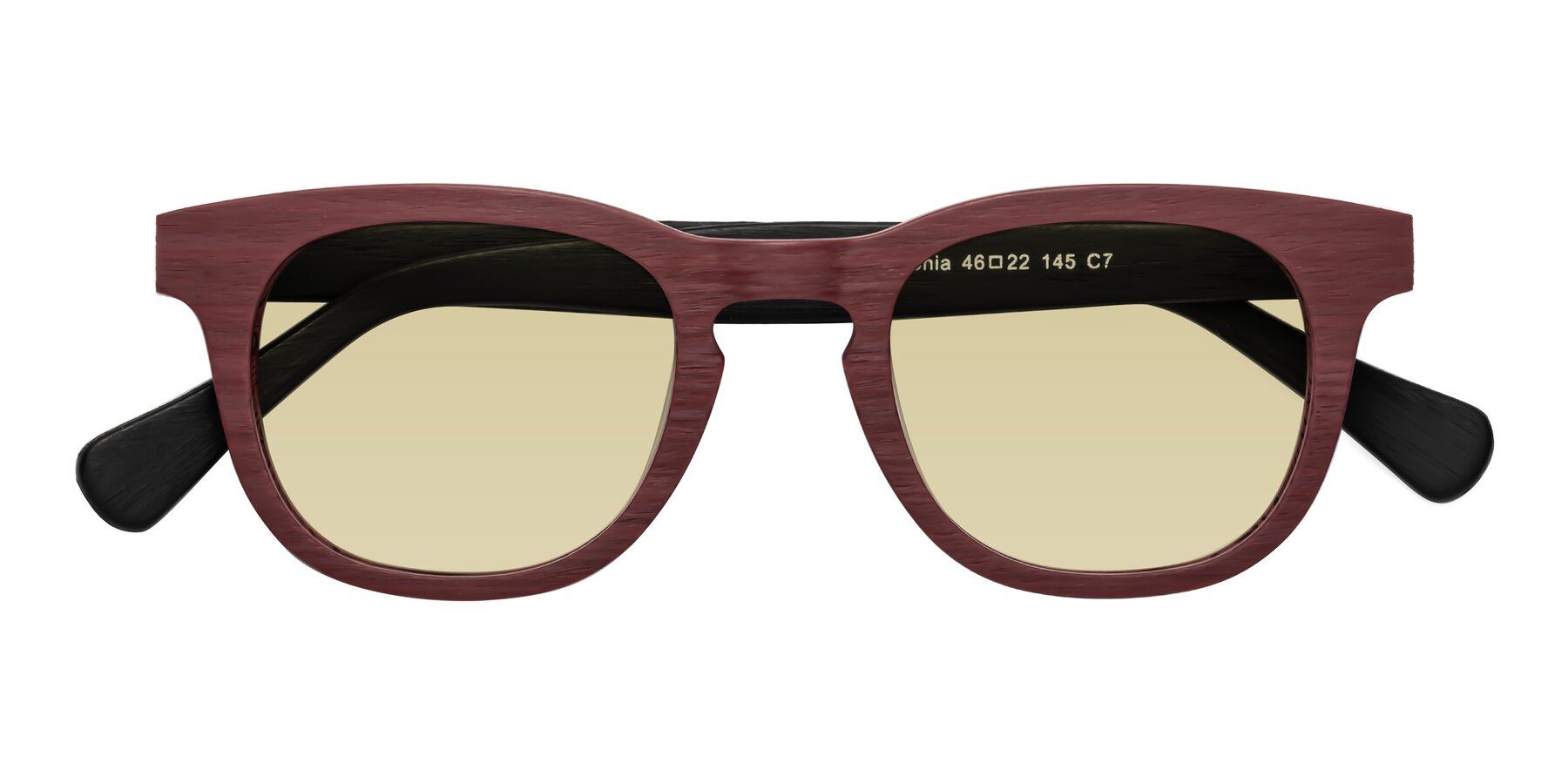 Folded Front of Tonia in Burgundy-Black Woodgrain with Light Champagne Tinted Lenses