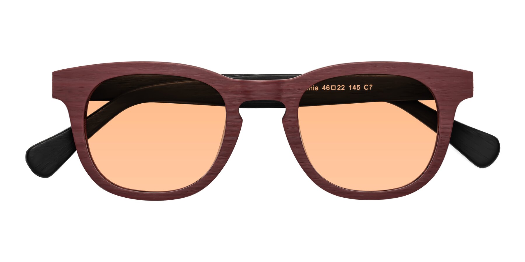 Folded Front of Tonia in Burgundy-Black Woodgrain with Light Orange Tinted Lenses