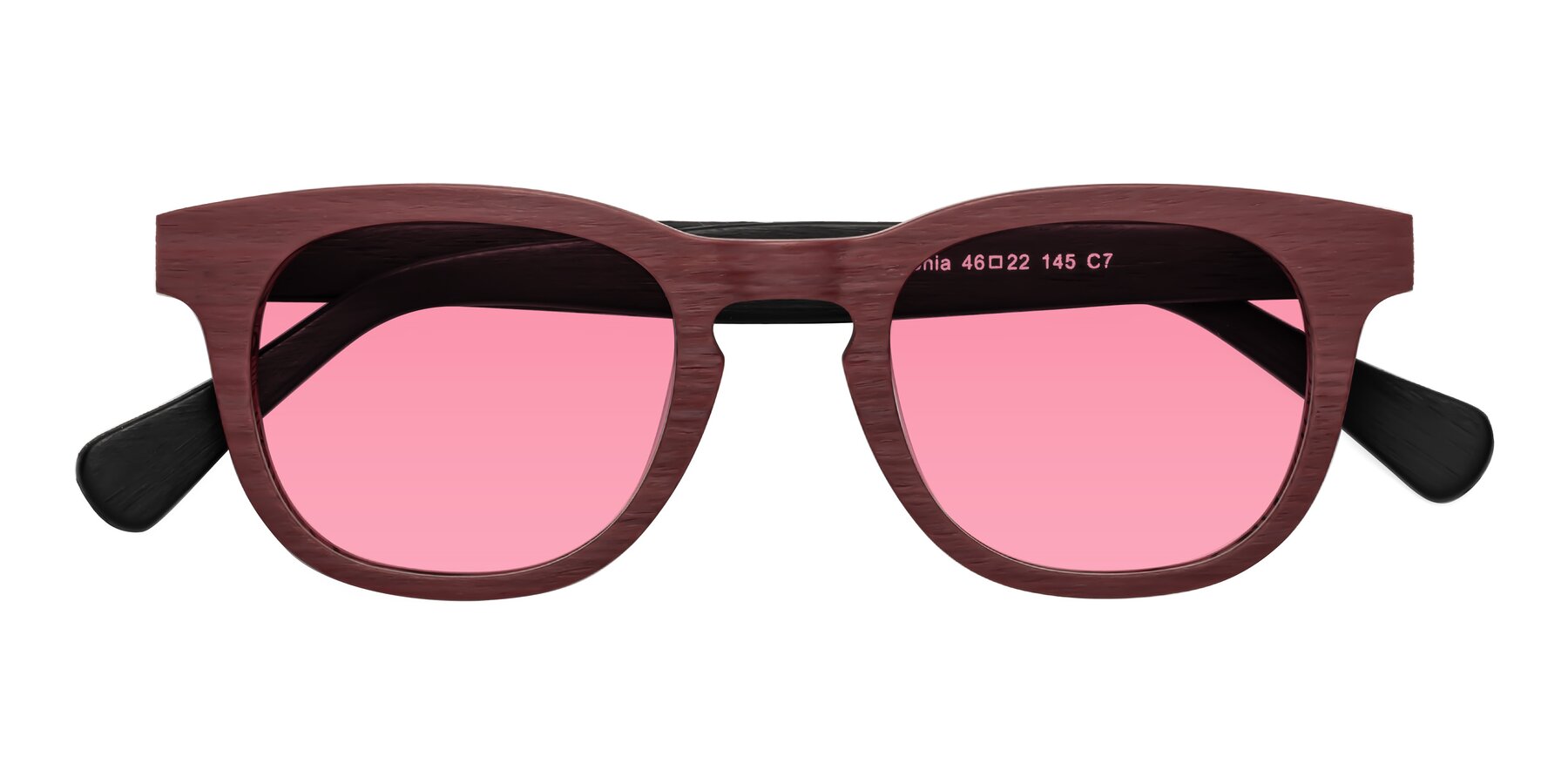 Folded Front of Tonia in Burgundy-Black Woodgrain with Pink Tinted Lenses