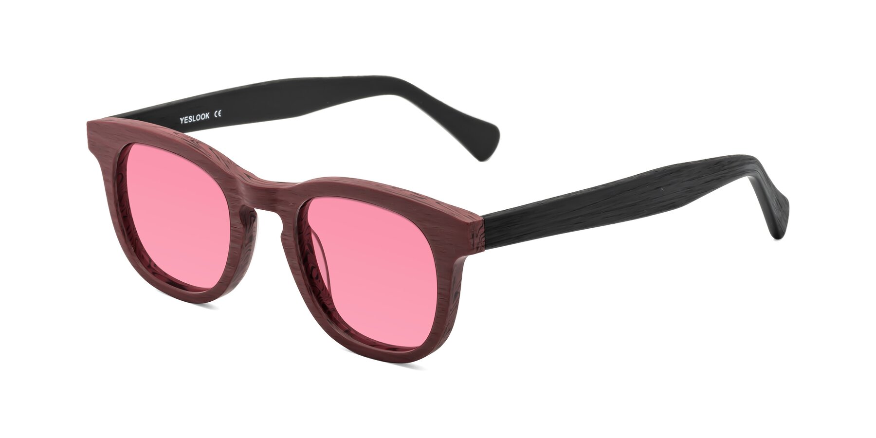 Angle of Tonia in Burgundy-Black Woodgrain with Pink Tinted Lenses