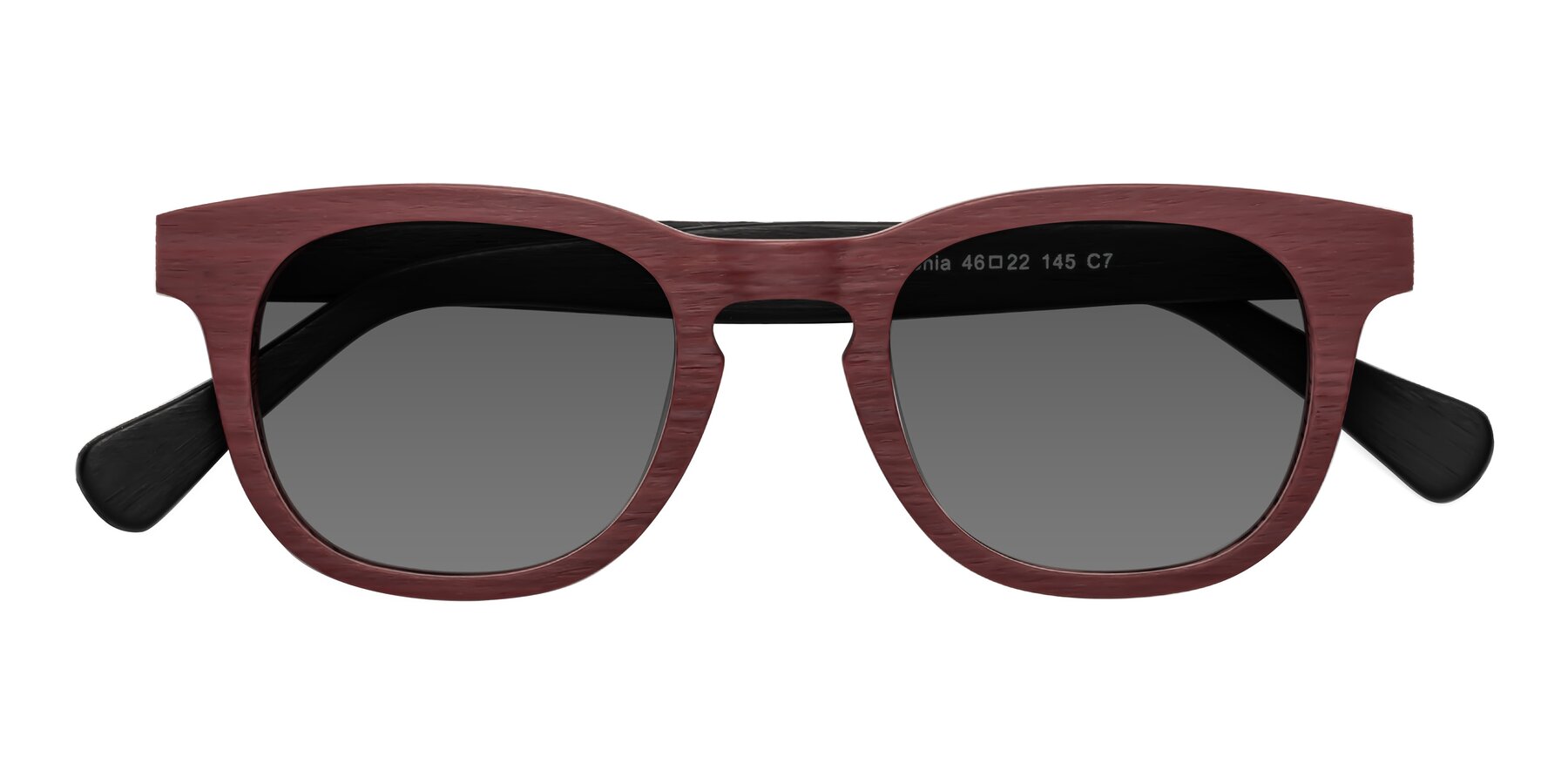 Folded Front of Tonia in Burgundy-Black Woodgrain with Medium Gray Tinted Lenses