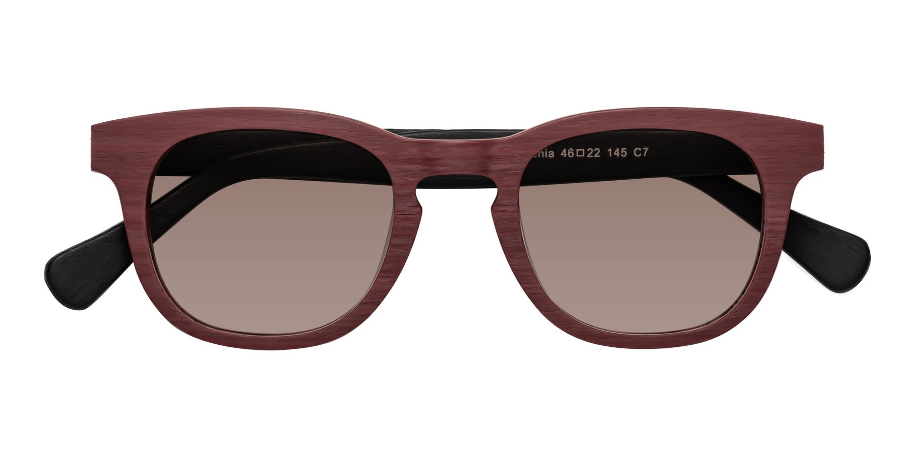 Folded Front of Tonia in Burgundy-Black Woodgrain with Medium Brown Tinted Lenses