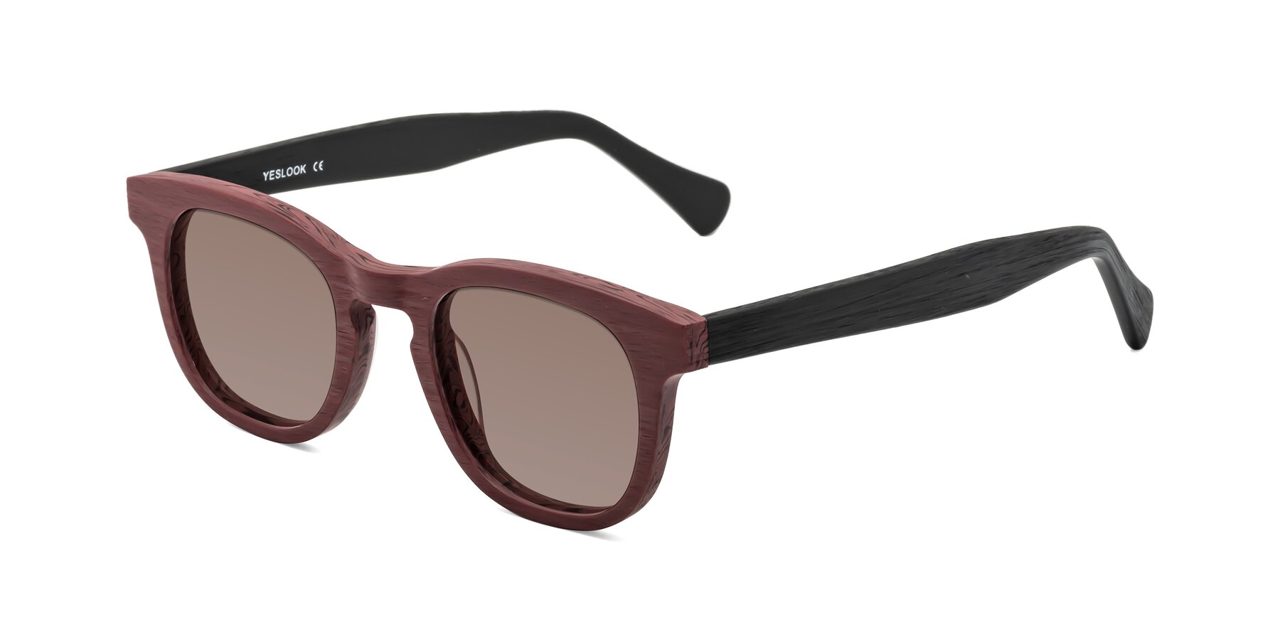 Angle of Tonia in Burgundy-Black Woodgrain with Medium Brown Tinted Lenses