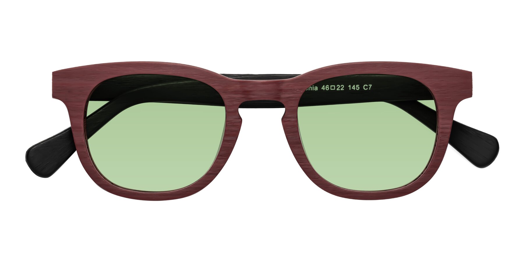 Folded Front of Tonia in Burgundy-Black Woodgrain with Medium Green Tinted Lenses