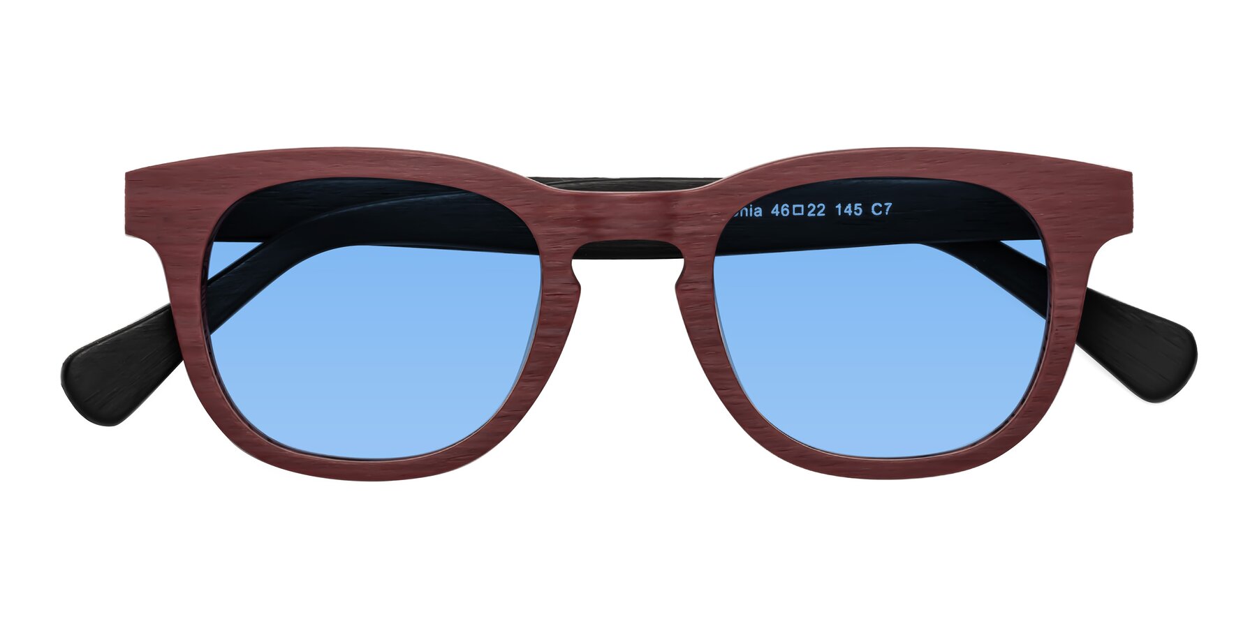 Folded Front of Tonia in Burgundy-Black Woodgrain with Medium Blue Tinted Lenses