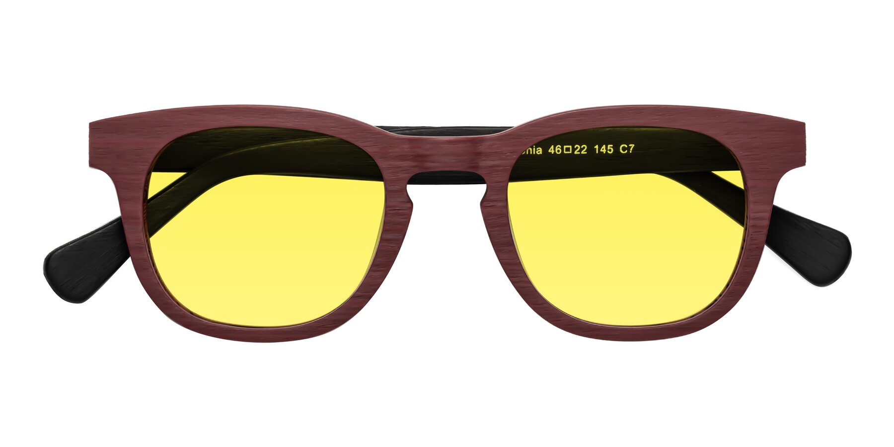 Folded Front of Tonia in Burgundy-Black Woodgrain with Medium Yellow Tinted Lenses