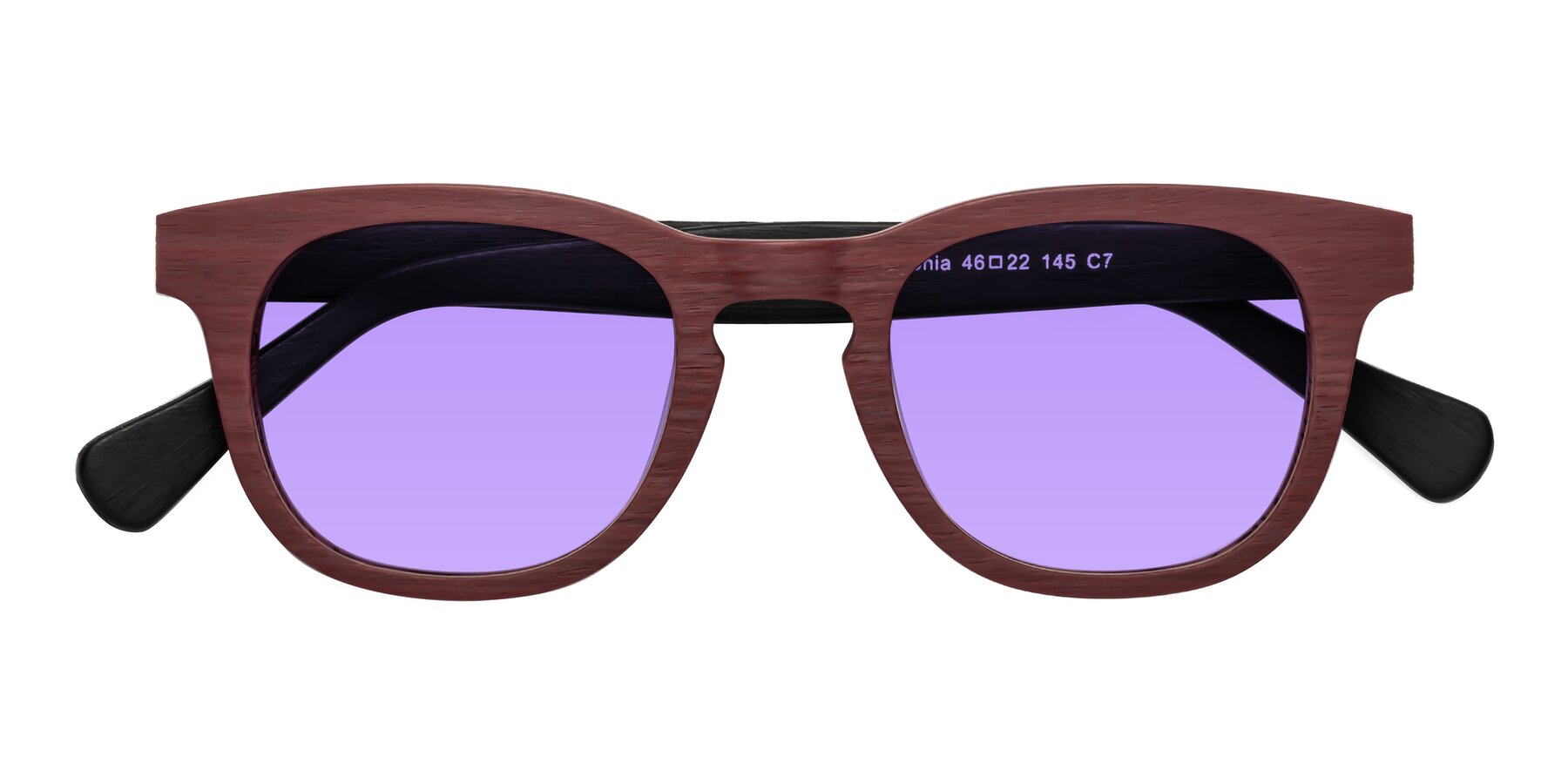 Folded Front of Tonia in Burgundy-Black Woodgrain with Medium Purple Tinted Lenses