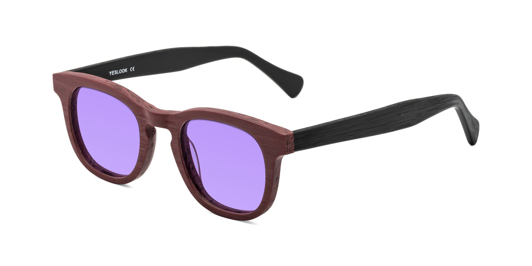 Angle of Tonia in Burgundy-Black Woodgrain with Medium Purple Tinted Lenses