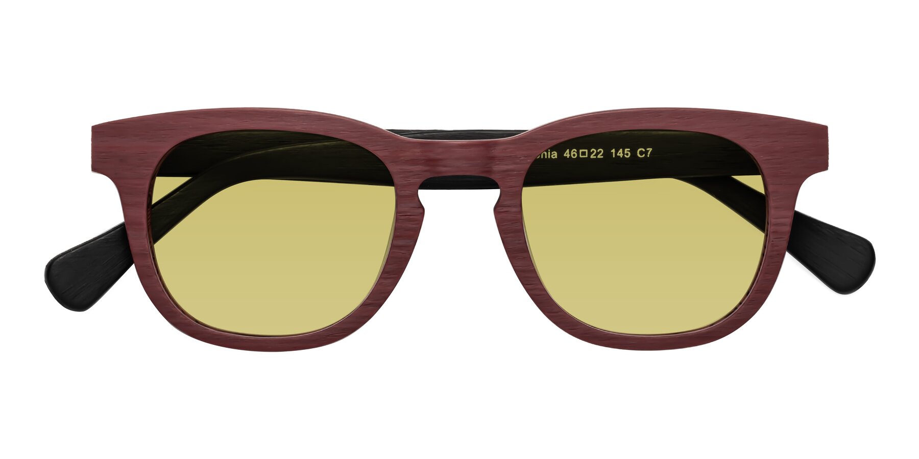 Folded Front of Tonia in Burgundy-Black Woodgrain with Medium Champagne Tinted Lenses