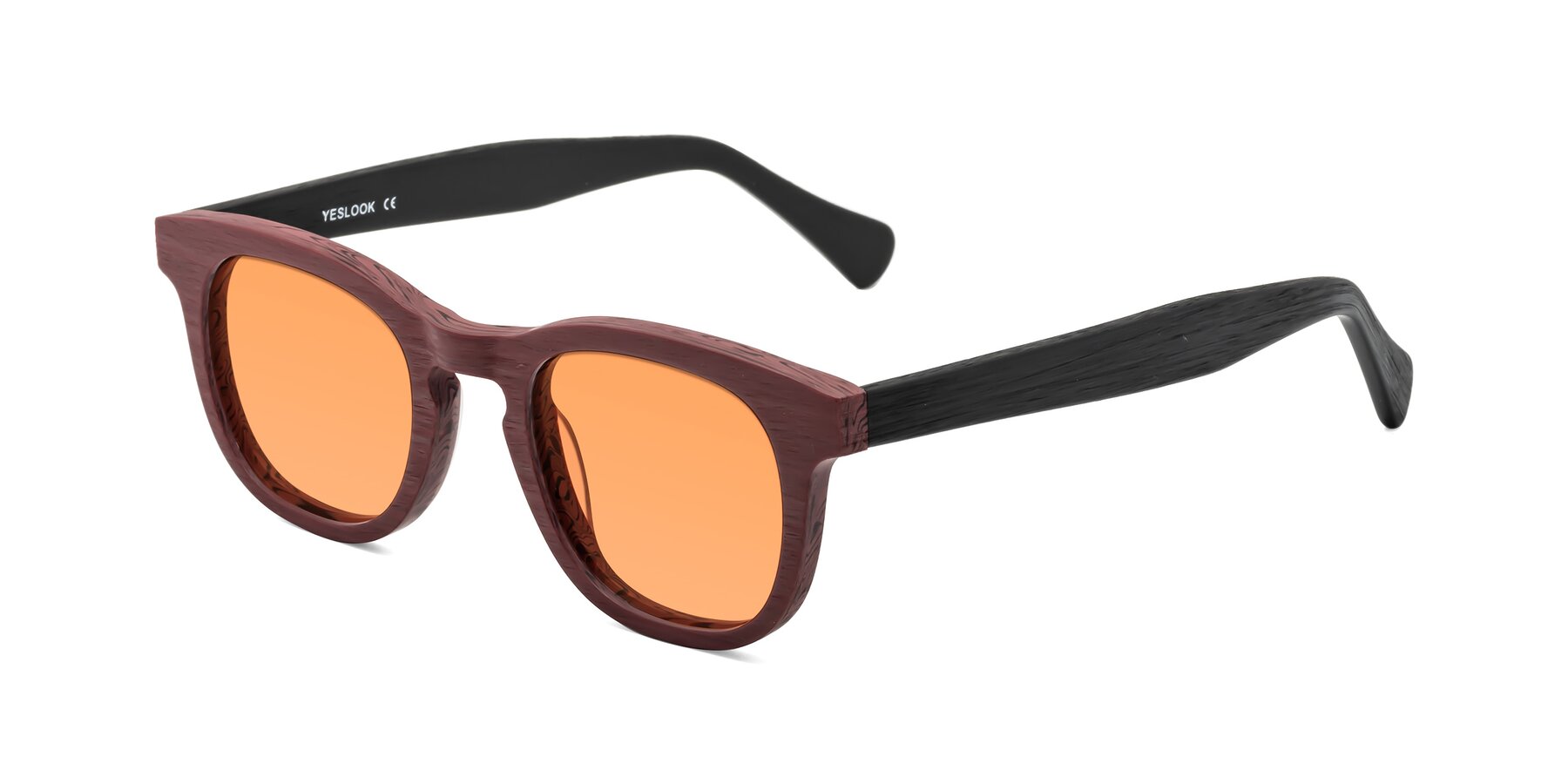 Angle of Tonia in Burgundy-Black Woodgrain with Medium Orange Tinted Lenses