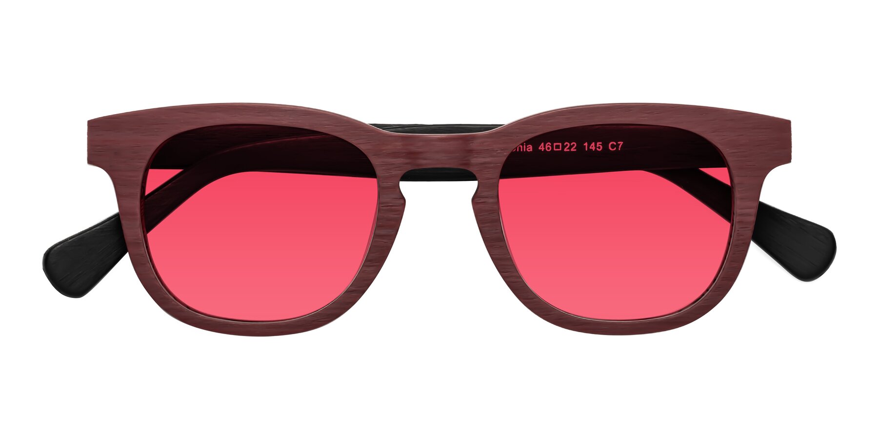 Folded Front of Tonia in Burgundy-Black Woodgrain with Red Tinted Lenses