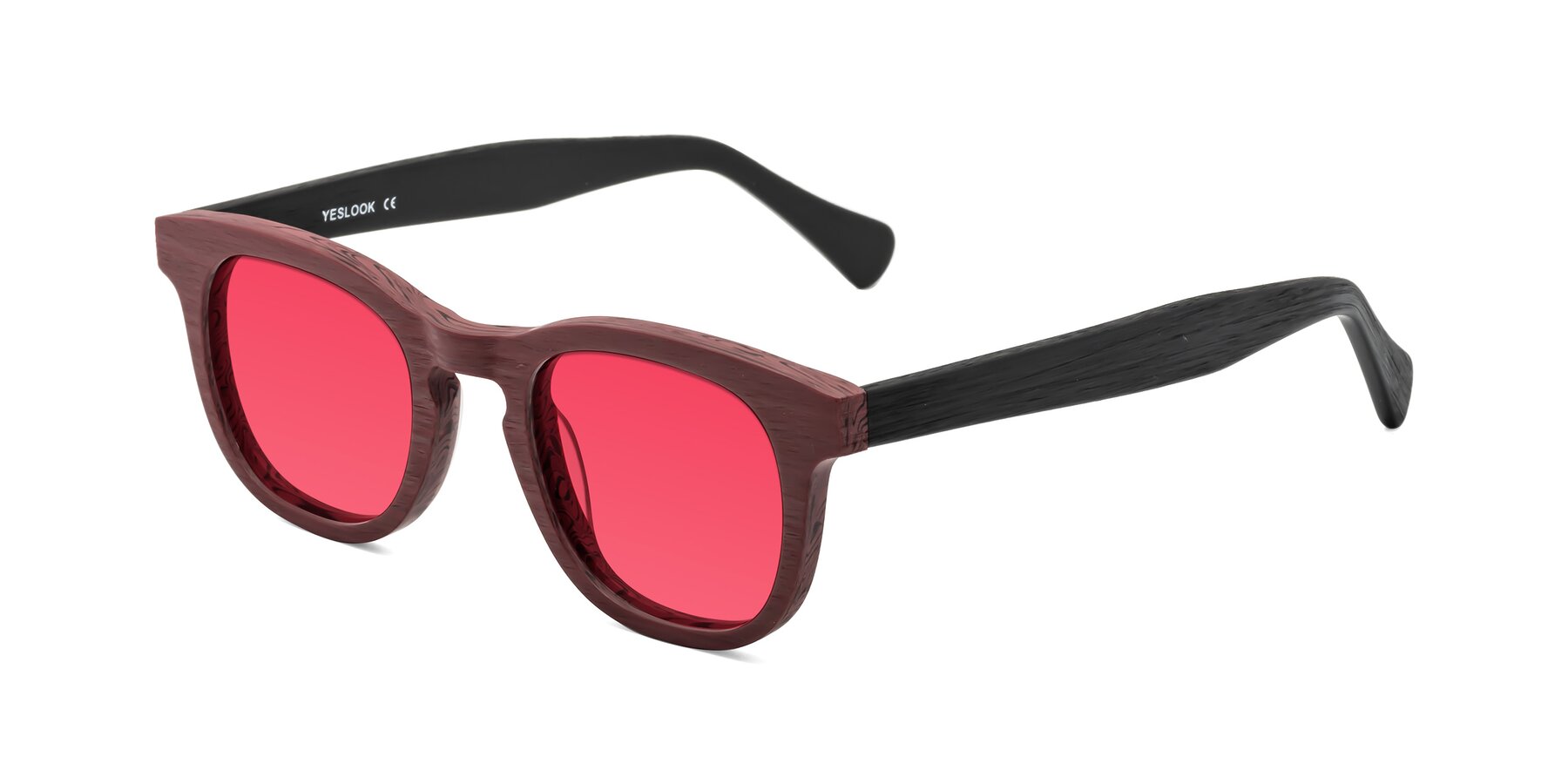 Angle of Tonia in Burgundy-Black Woodgrain with Red Tinted Lenses