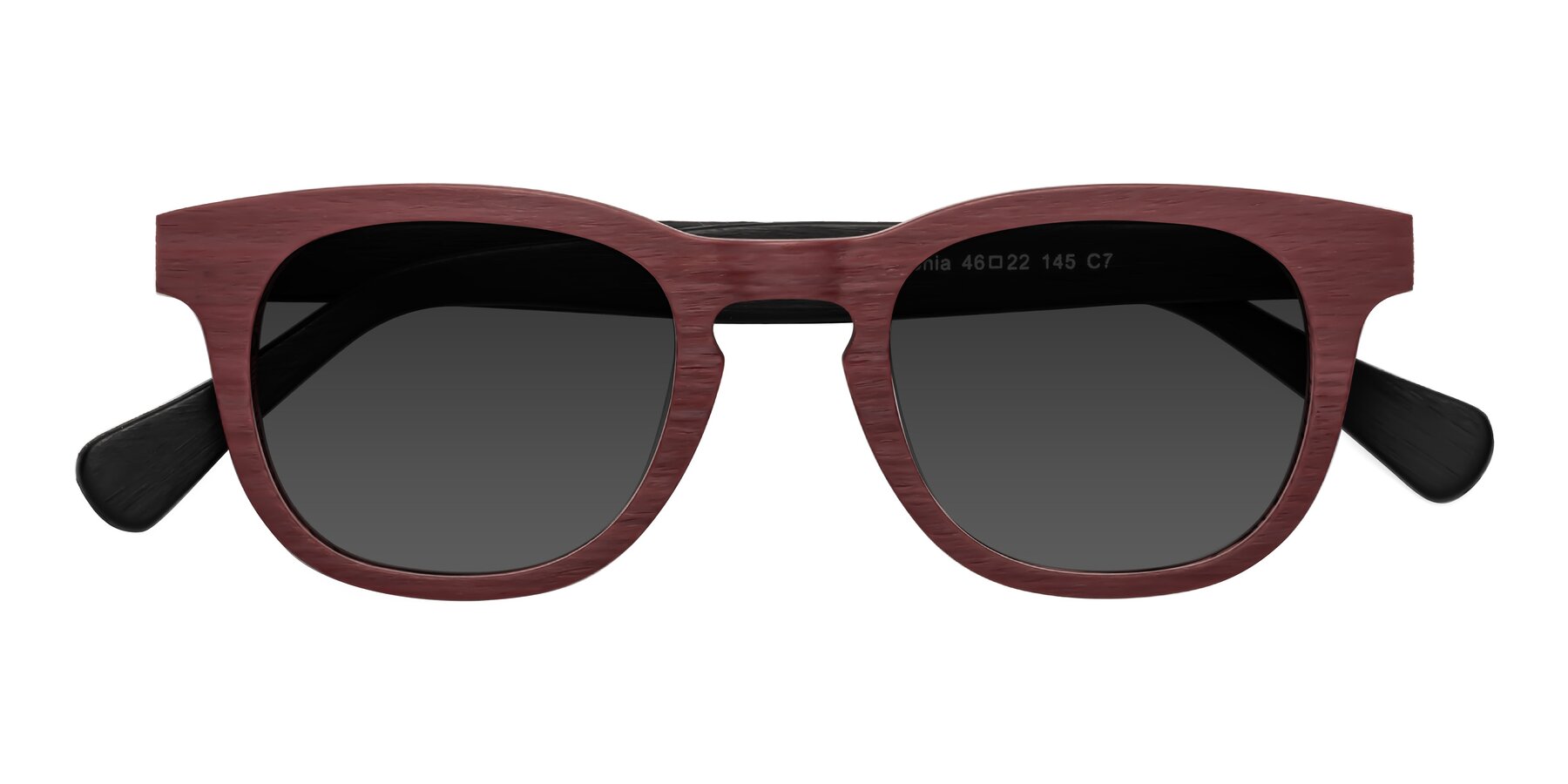 Folded Front of Tonia in Burgundy-Black Woodgrain with Gray Tinted Lenses